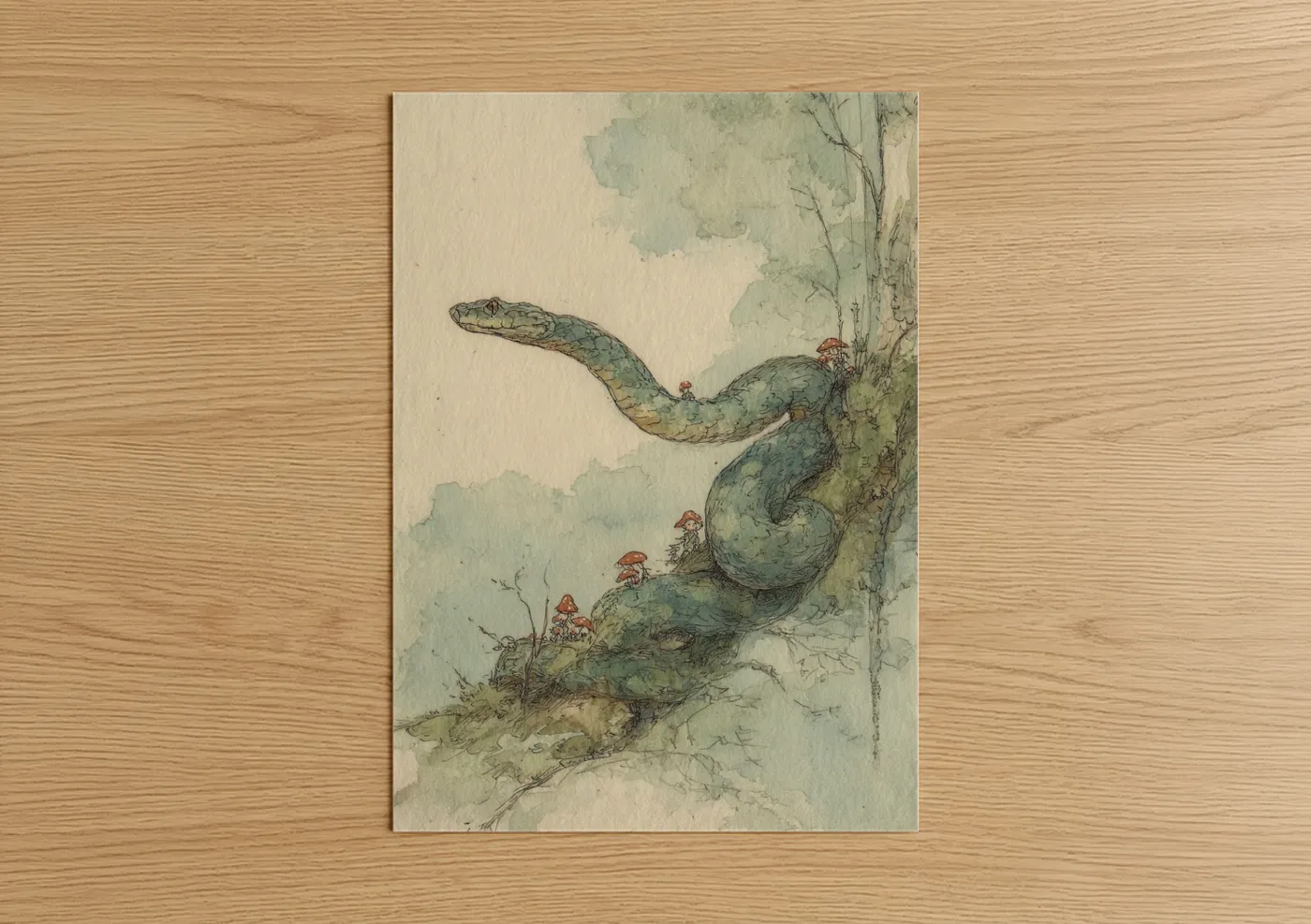 Art print on warm oak wood — sage green and cream palette — Garden Python poster