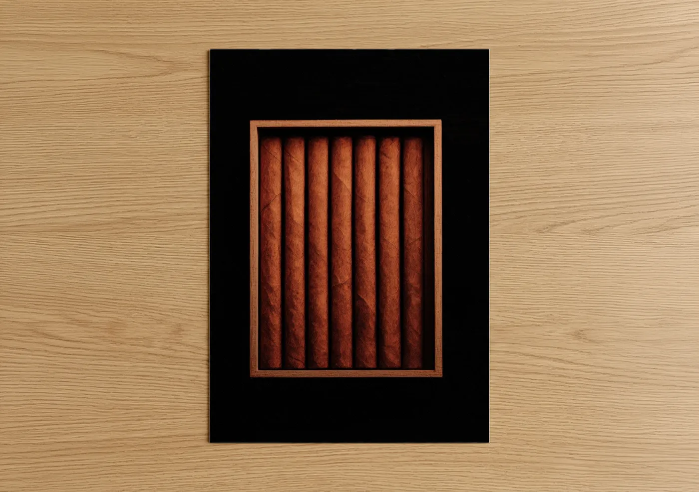 Cigars art print on warm oak wood — russet and gold palette — Premium Cigar Collection poster