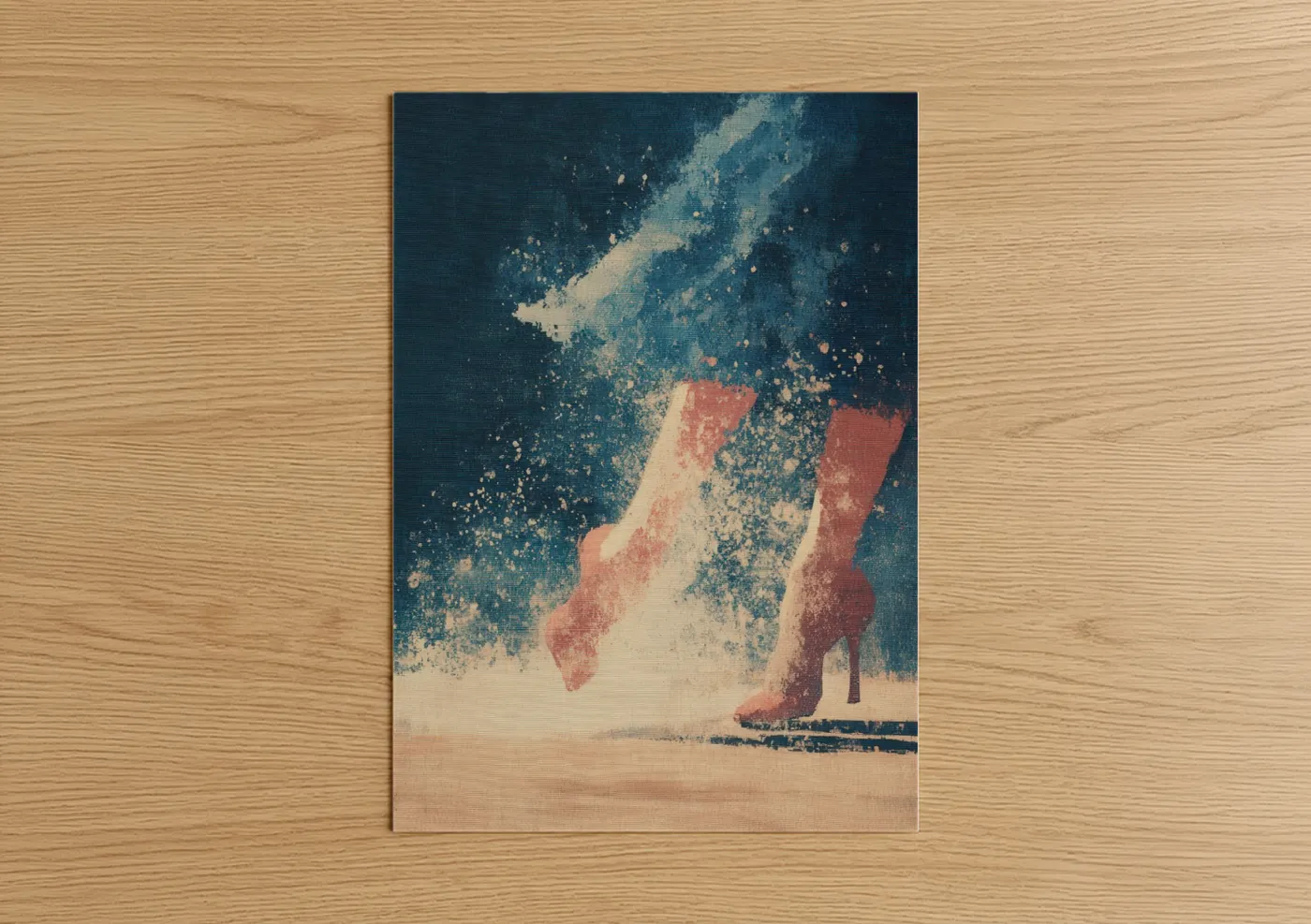 Art print on warm oak wood — salmon pink and dark blue palette — Crimson Flamenco poster