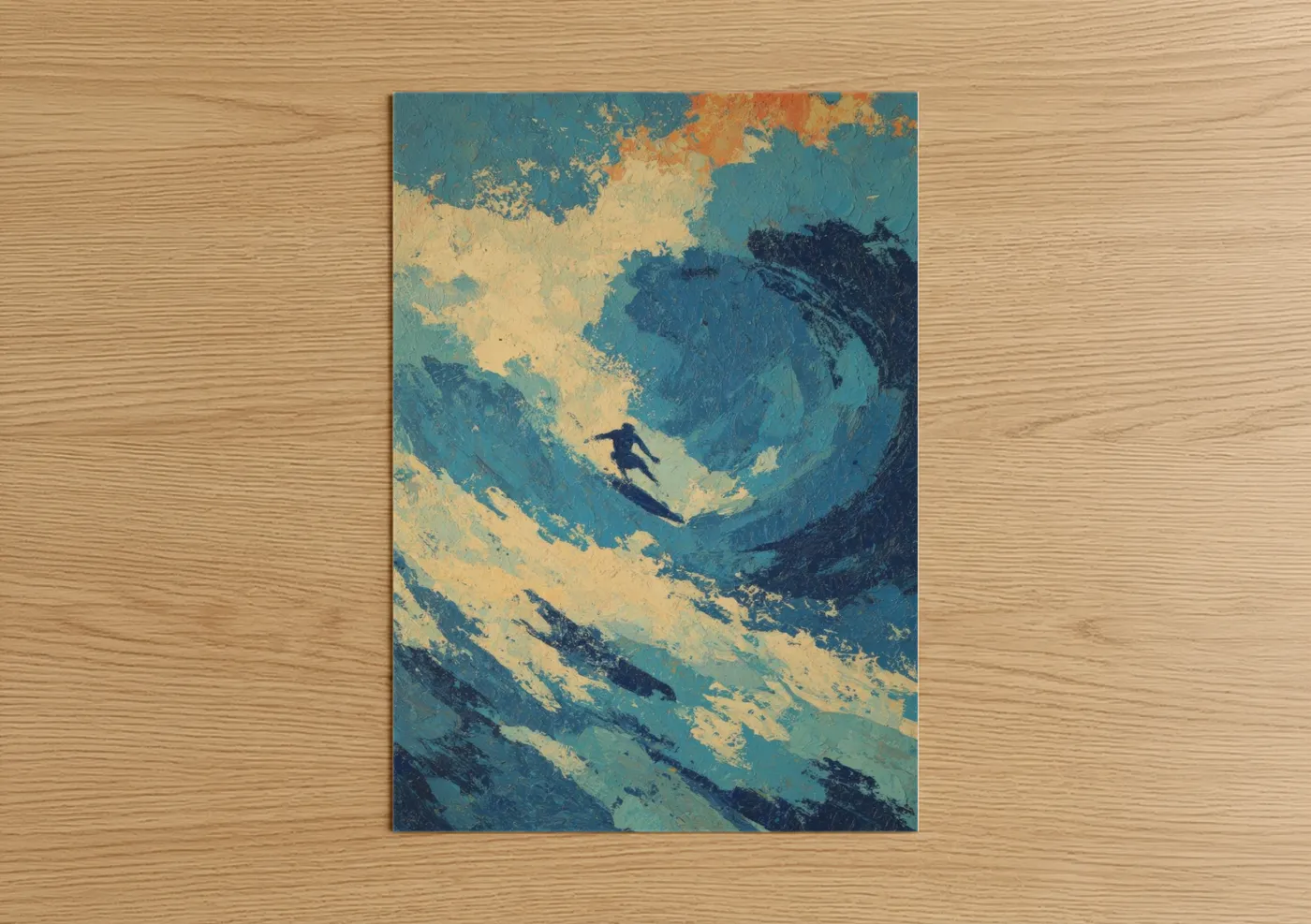 Water surfing art print on warm oak wood — blue and gold palette — Wave Rider poster
