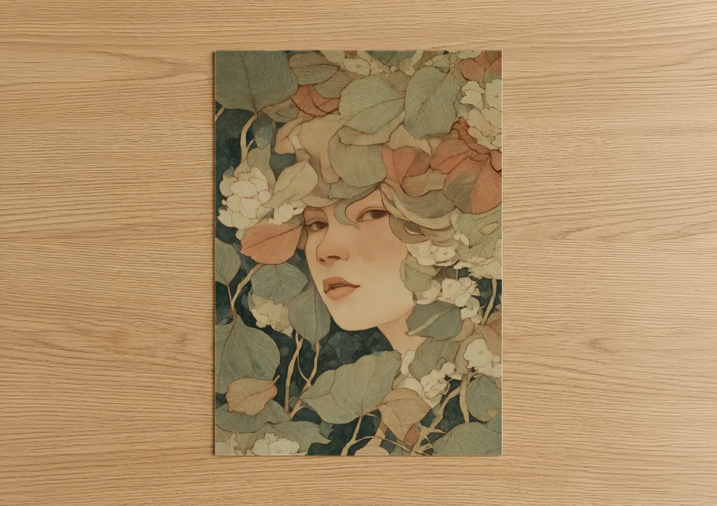 Linden tree art print on warm oak wood — sage green and cream palette — Linden Bloom Portrait poster