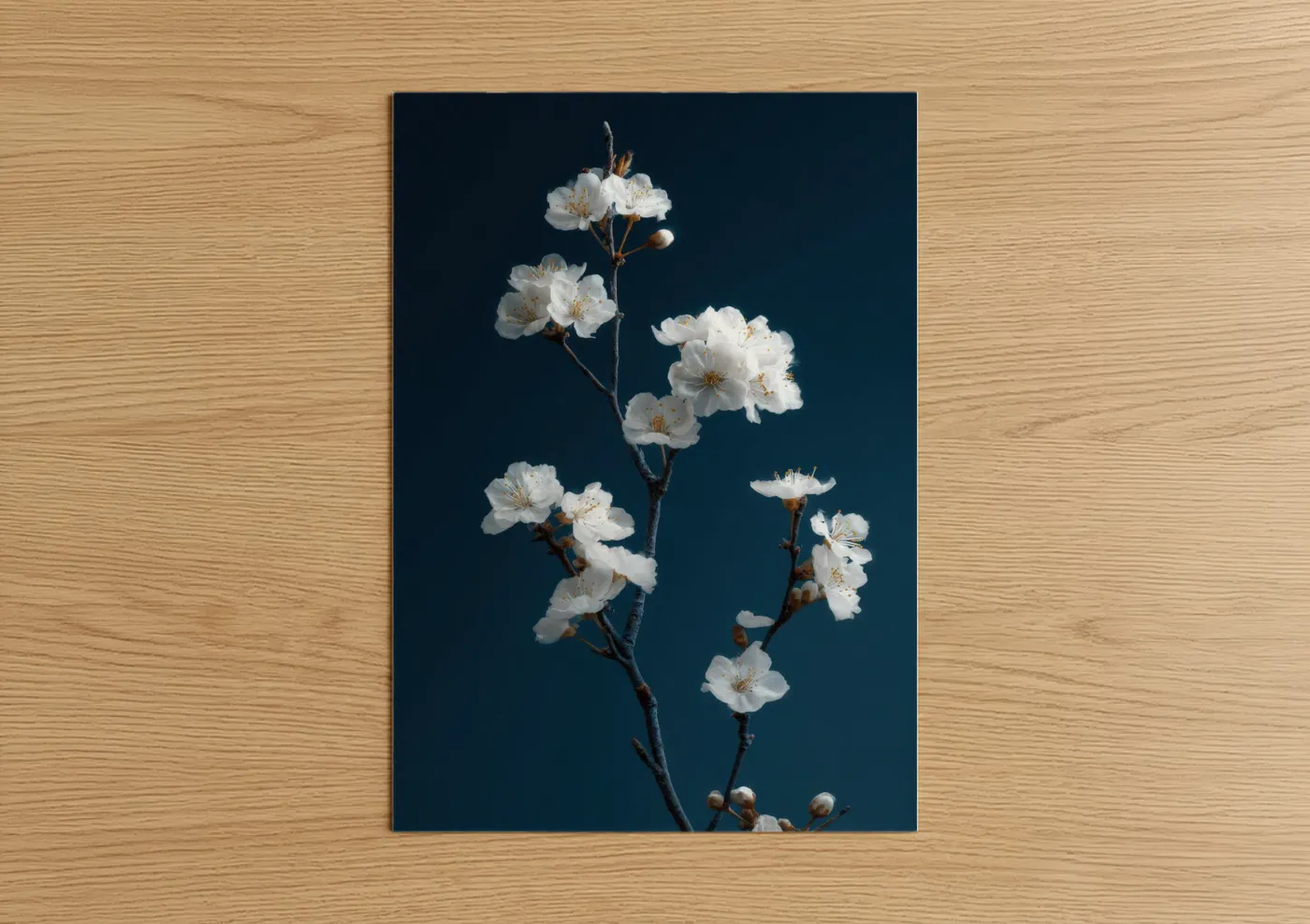 White Cherry Blossoms Dark Blue Background Wall Art