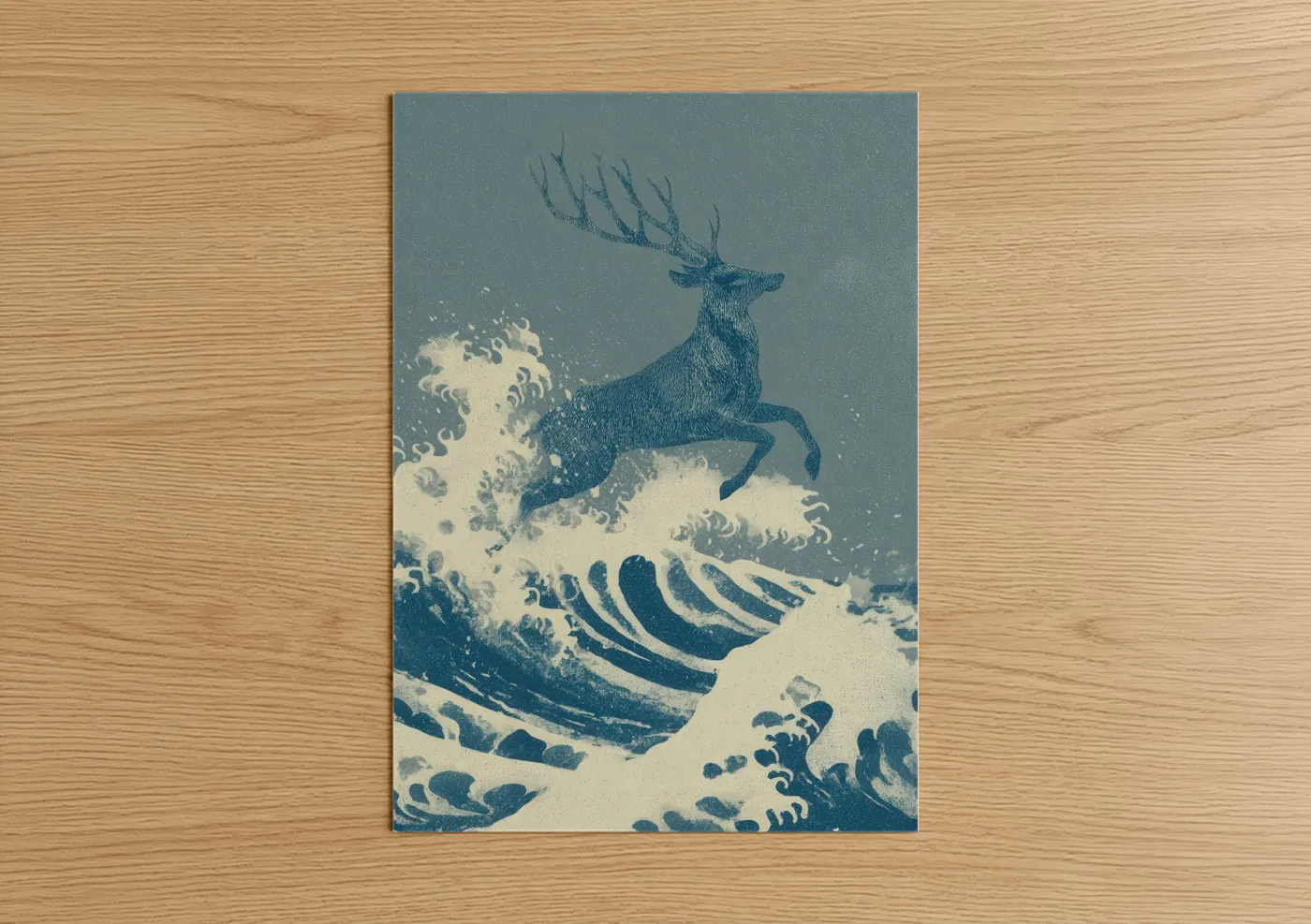 Art print on warm oak wood — blue and white palette — Wave Leaping Reindeer poster