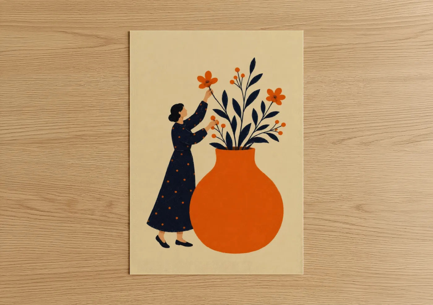 Flower art print on warm oak wood — orange and beige palette — Woman With Floral Vase Wall Art poster
