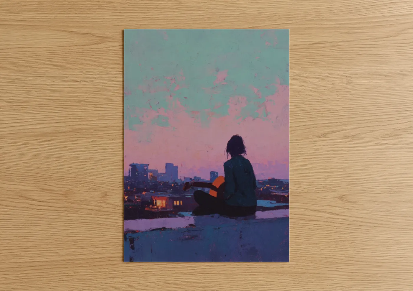 Solitary Musician City Sunset Wall Art