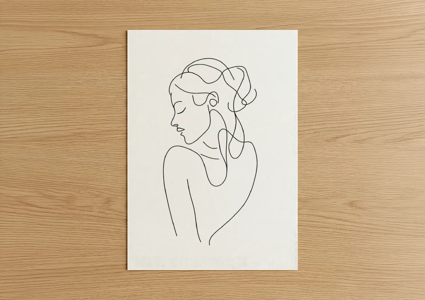 Hair art print on warm oak wood — black and white palette — Elegant Profile Line poster