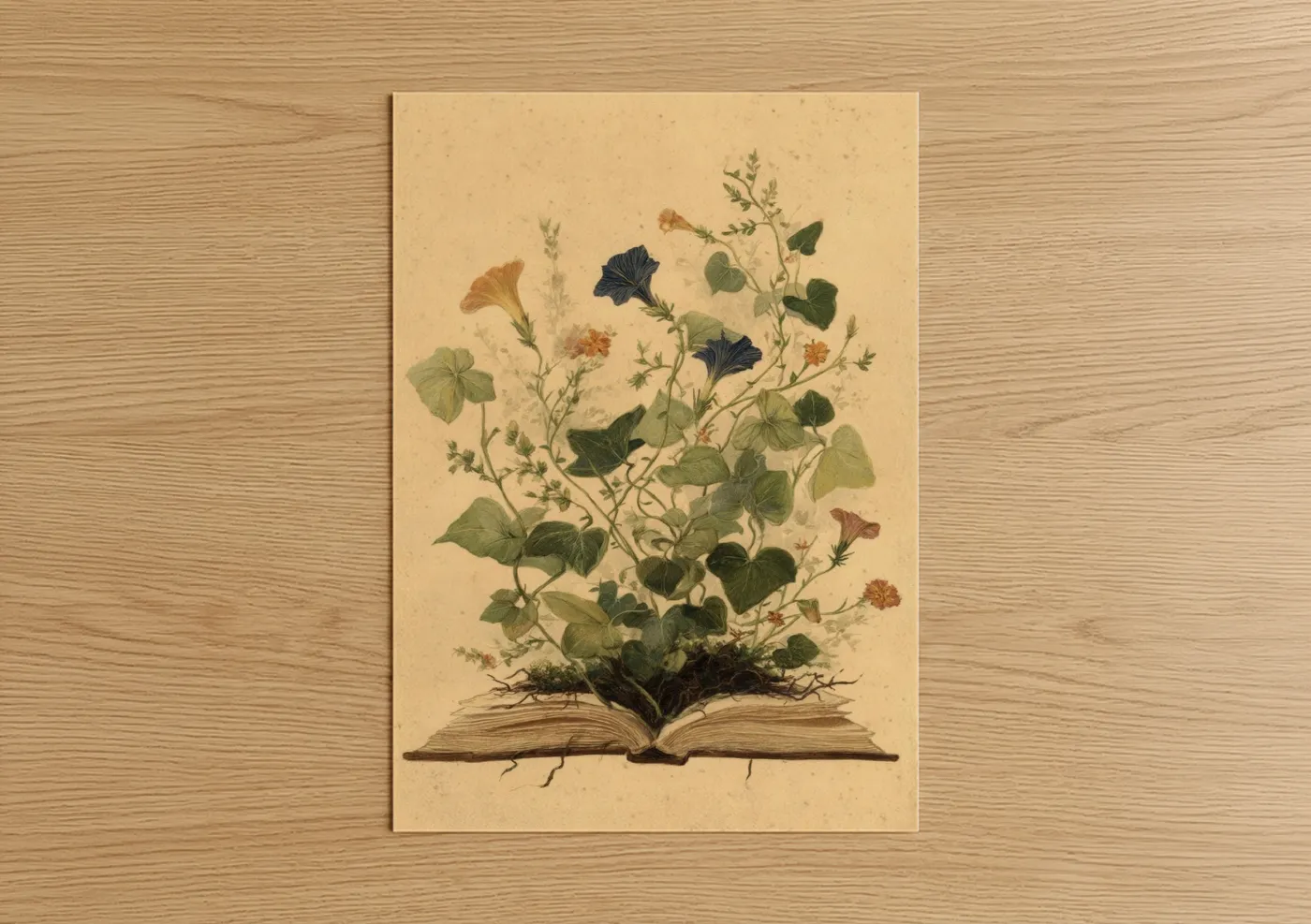Art print on warm oak wood — cream and light green palette — Botanical Reading poster
