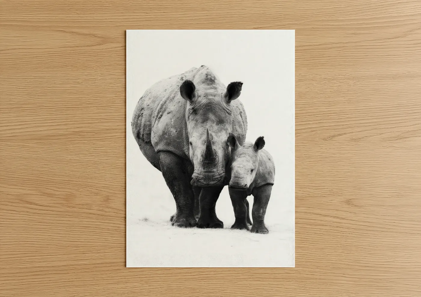 Rhino Mother and Calf Black White Wall Art