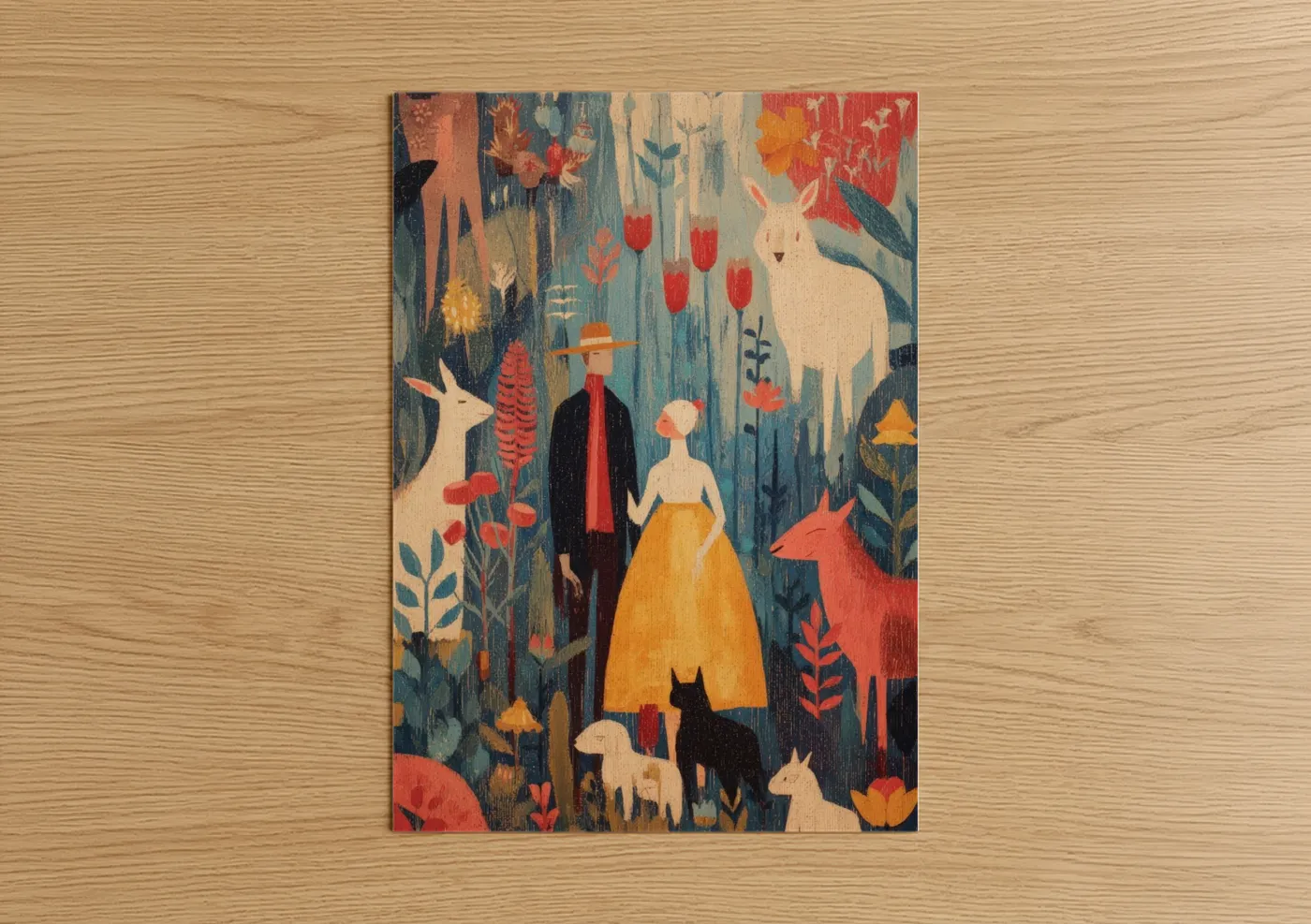 Couple Walking Garden Flowers Illustration Wall Art
