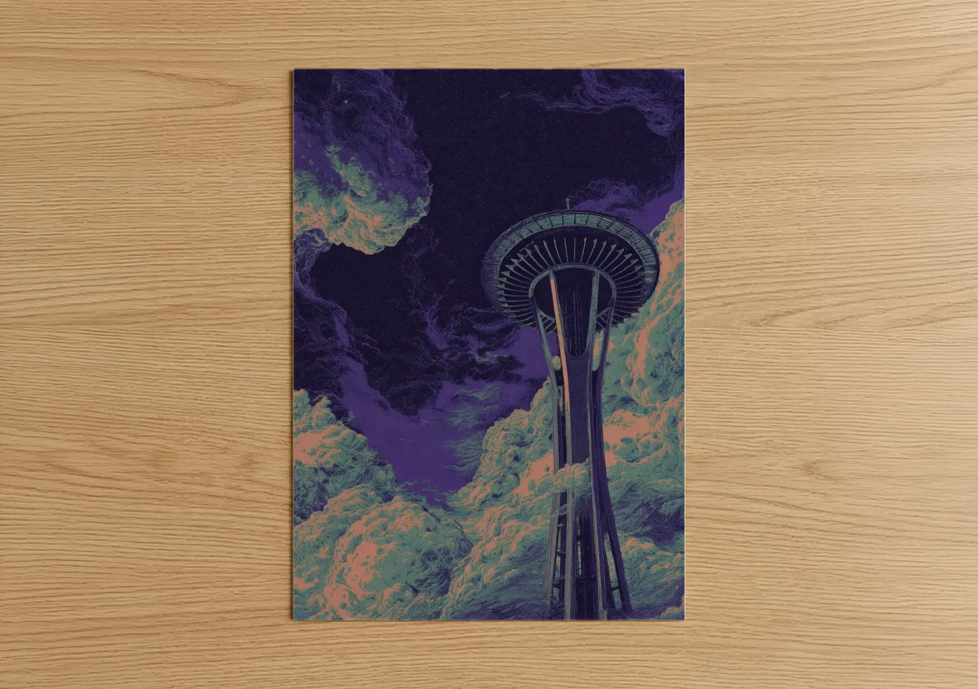 Space needle (seattle) art print on warm oak wood — purple and teal palette — Neon Seattle Needle poster