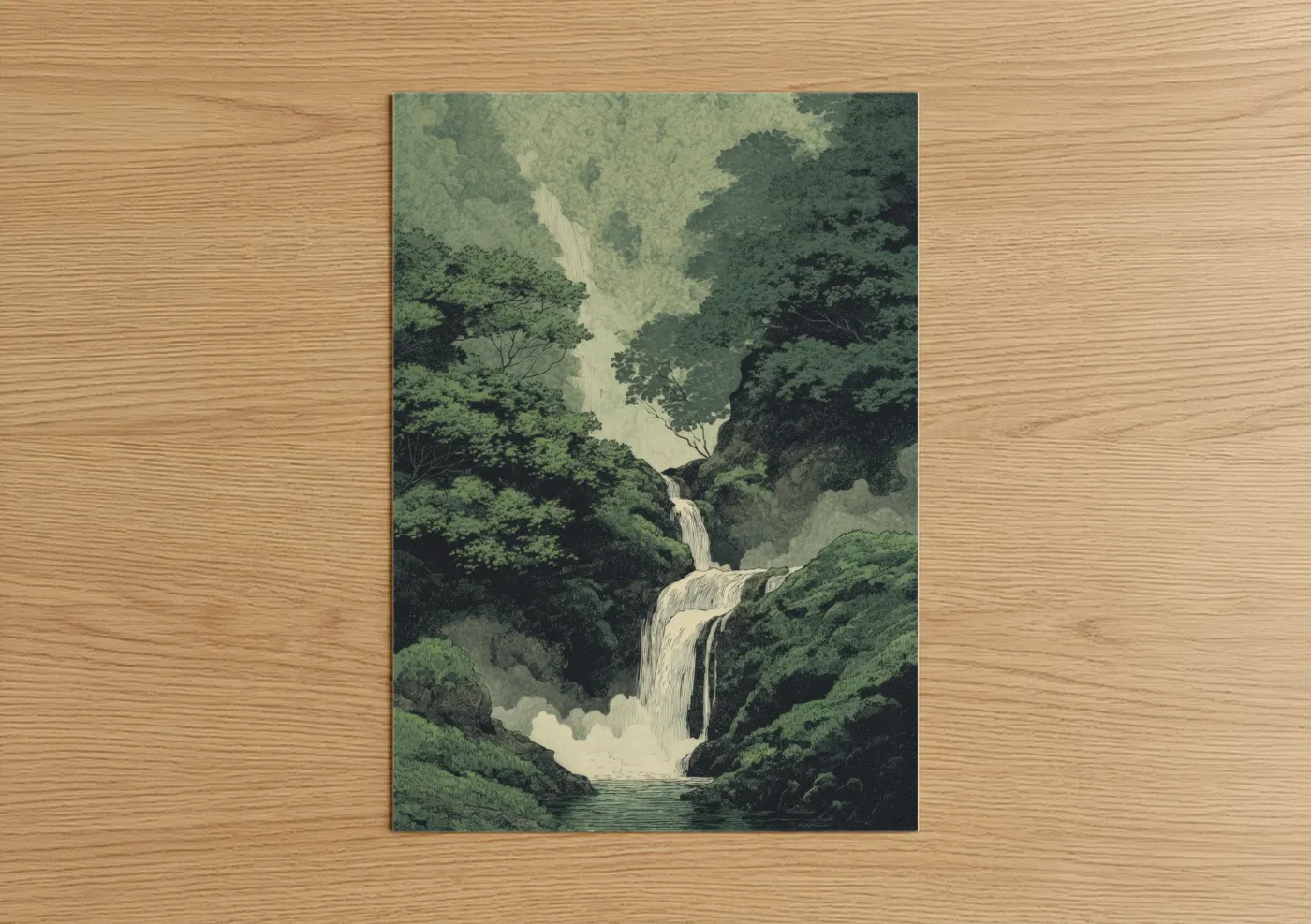 Forest Waterfall Japanese Art Print Wall Art