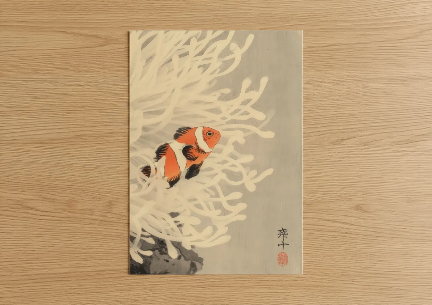 Clown fish art print on warm oak wood — cream and orange palette — Coral Clownfish poster