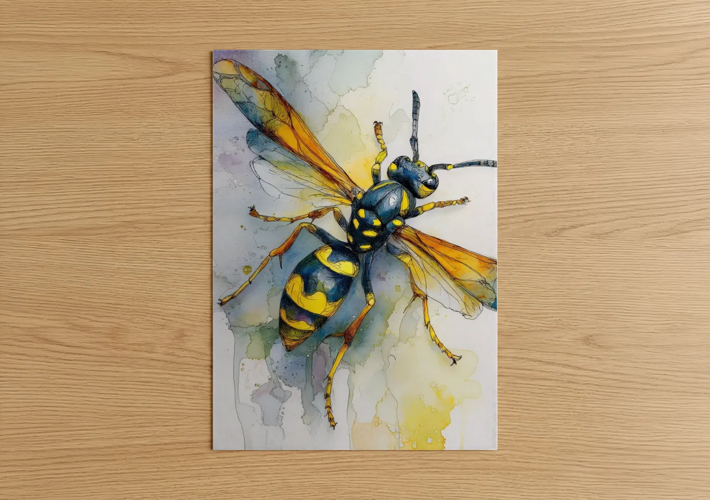Art print on warm oak wood — yellow gold and blue palette — Golden Wasp poster