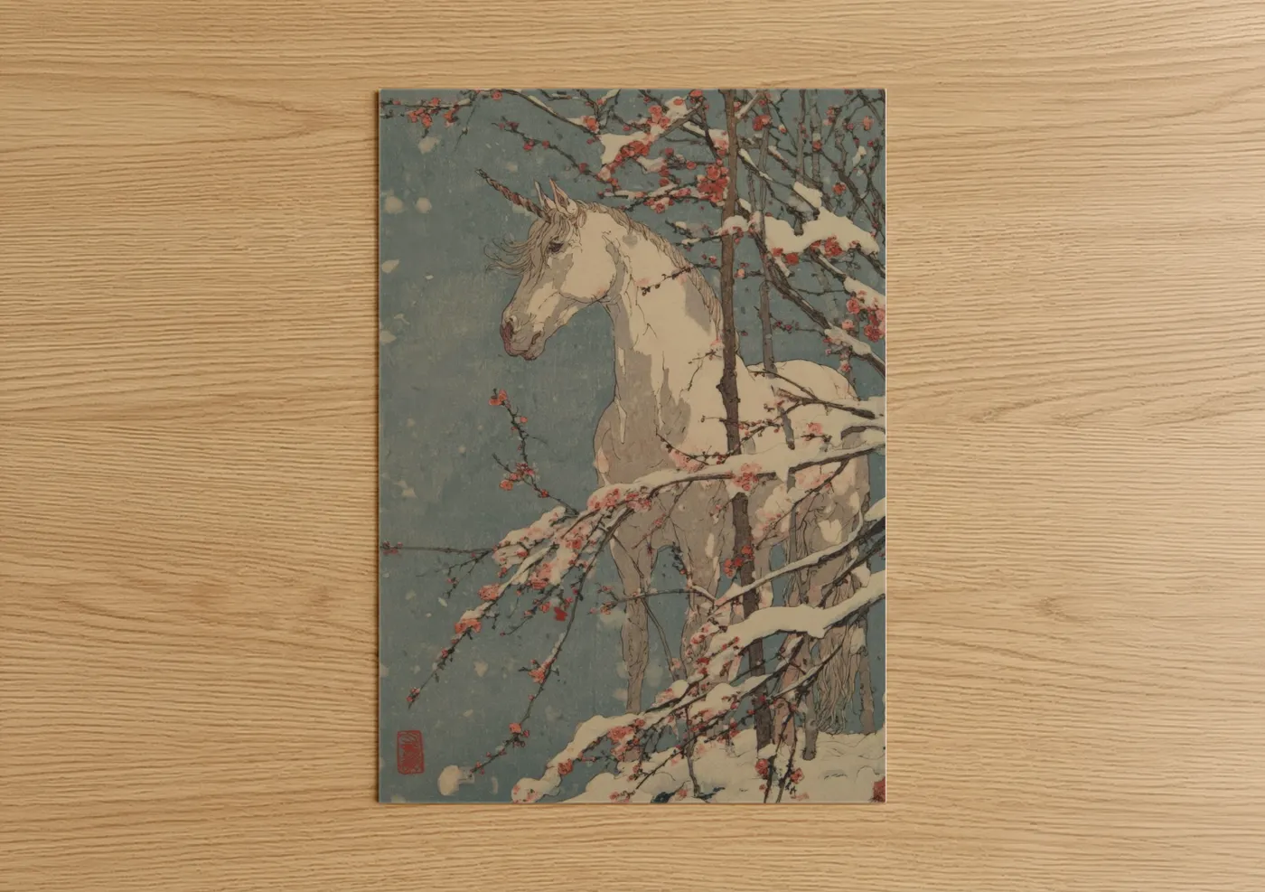 Snowy Unicorn Winter Cherry Blossoms Wall Art
