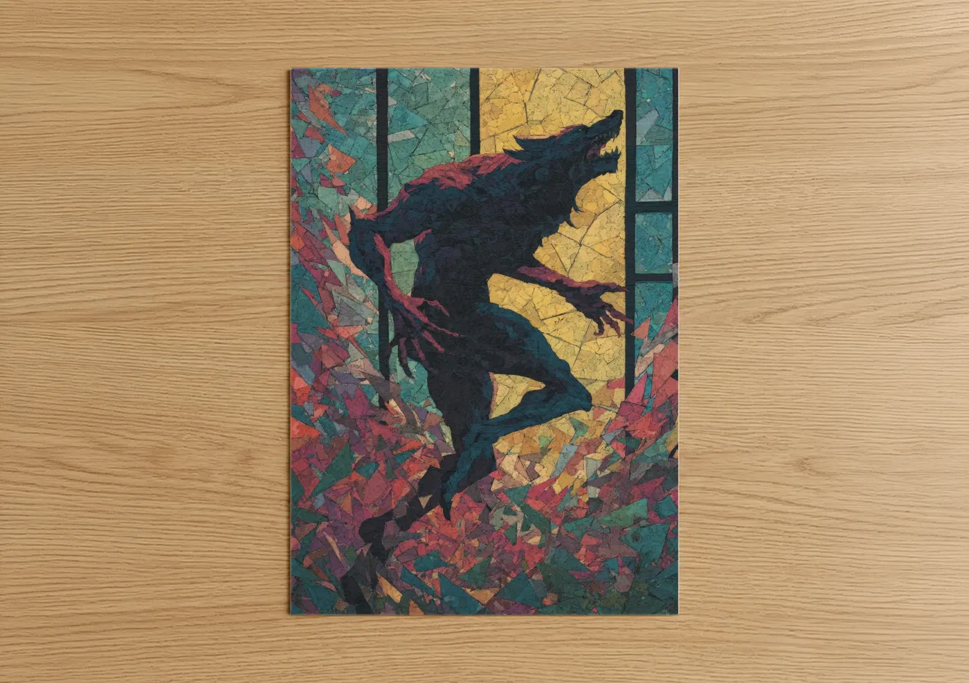 Art print on warm oak wood — magenta and teal palette — Crimson Werewolf poster