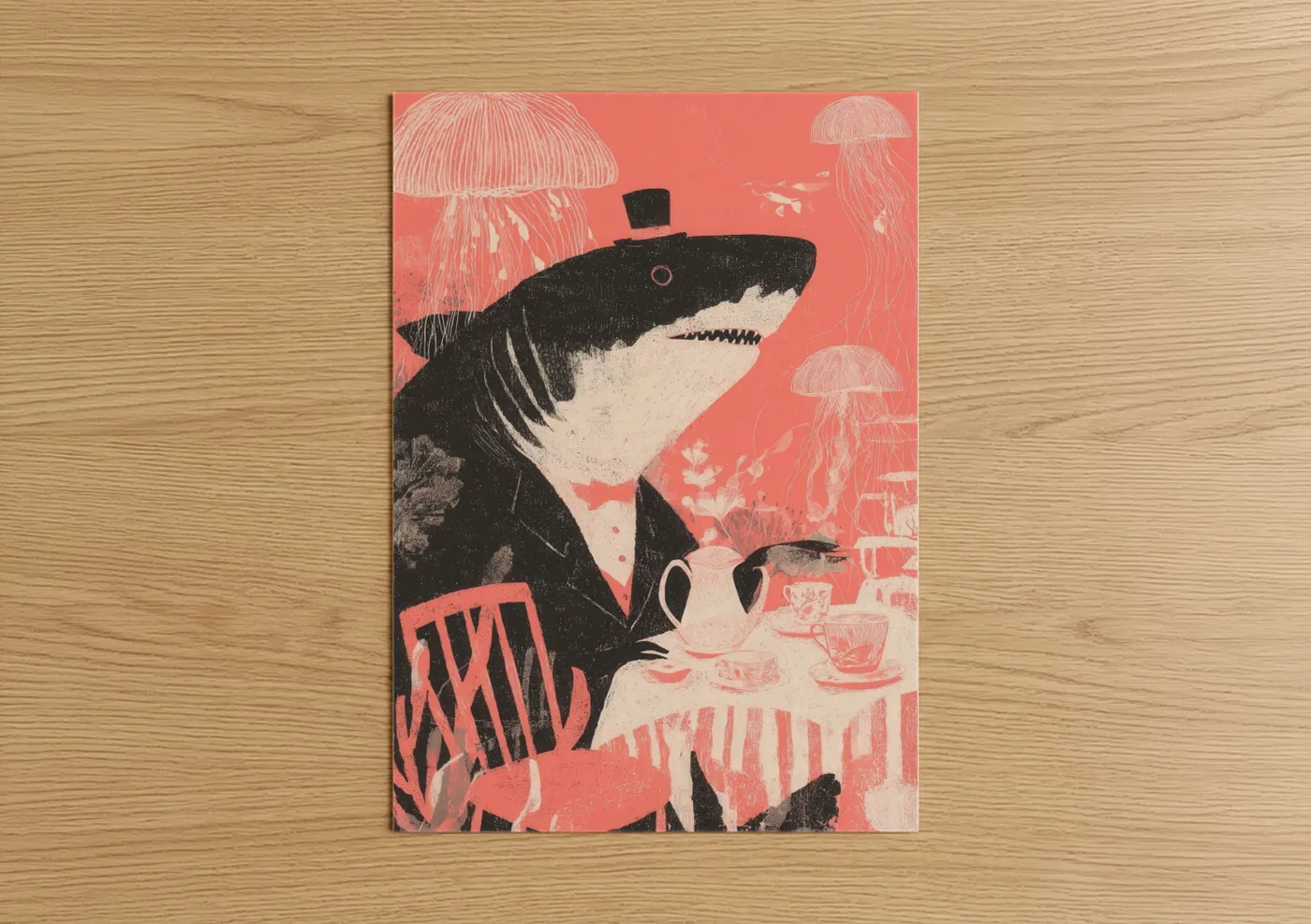 Dapper Shark Tea Party Illustration Wall Art