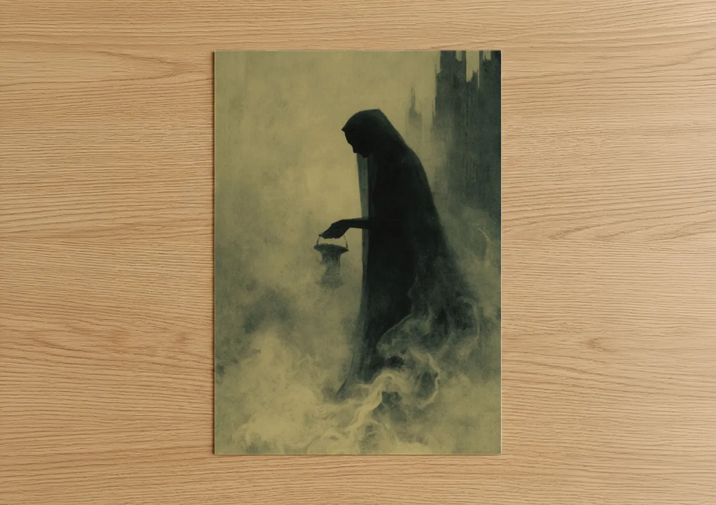 Dark fantasy art print on warm oak wood — black and gray and white palette — Shrouded Specter poster