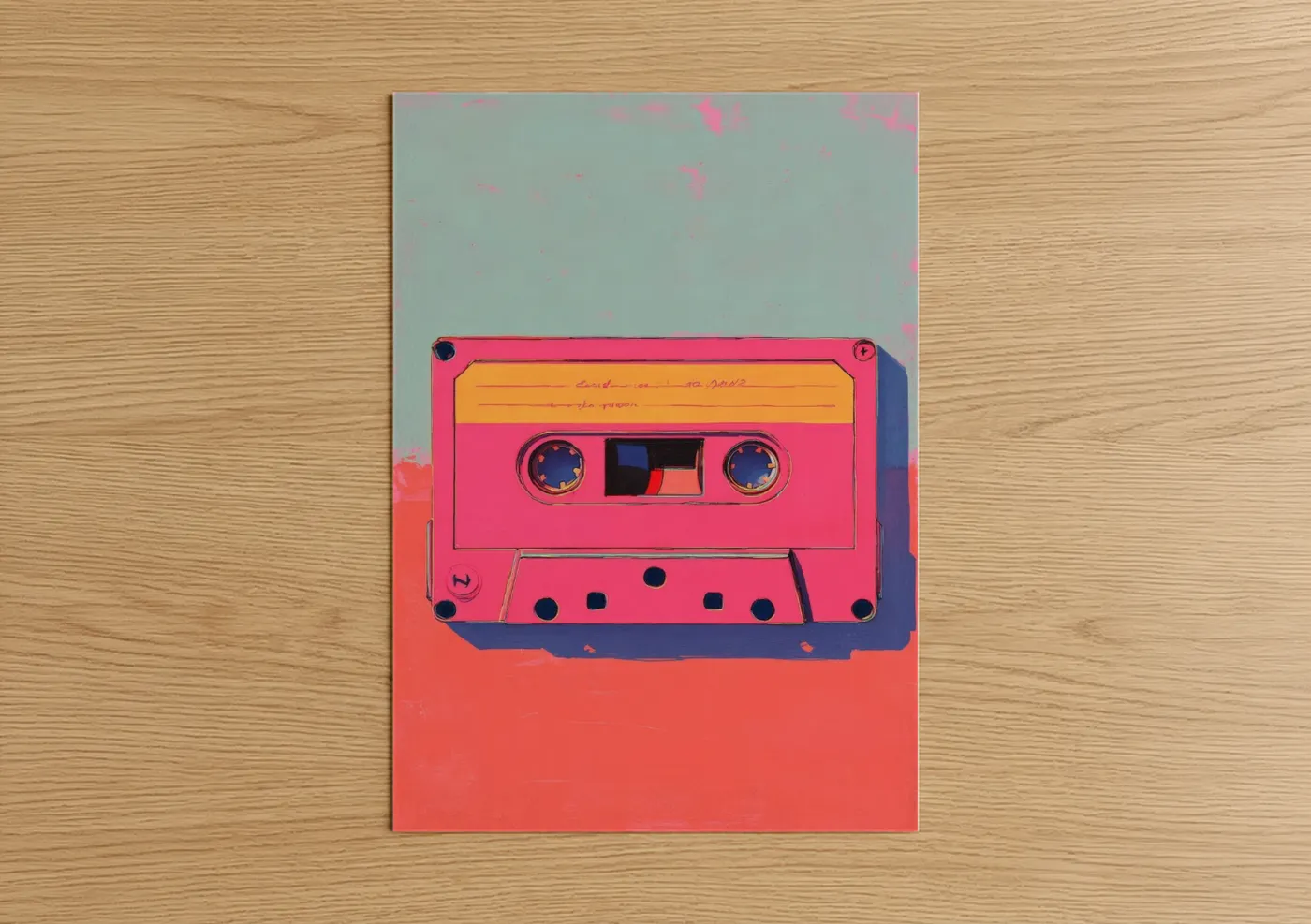 Casette art print on warm oak wood — magenta and gold palette — Neon Cassette poster