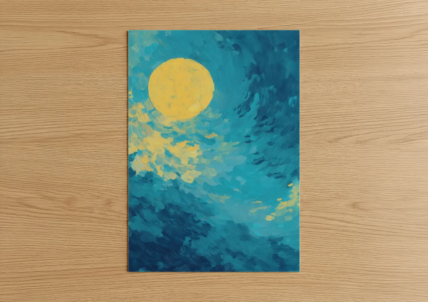 Art print on warm oak wood — blue and yellow gold palette — Celestial Moon poster
