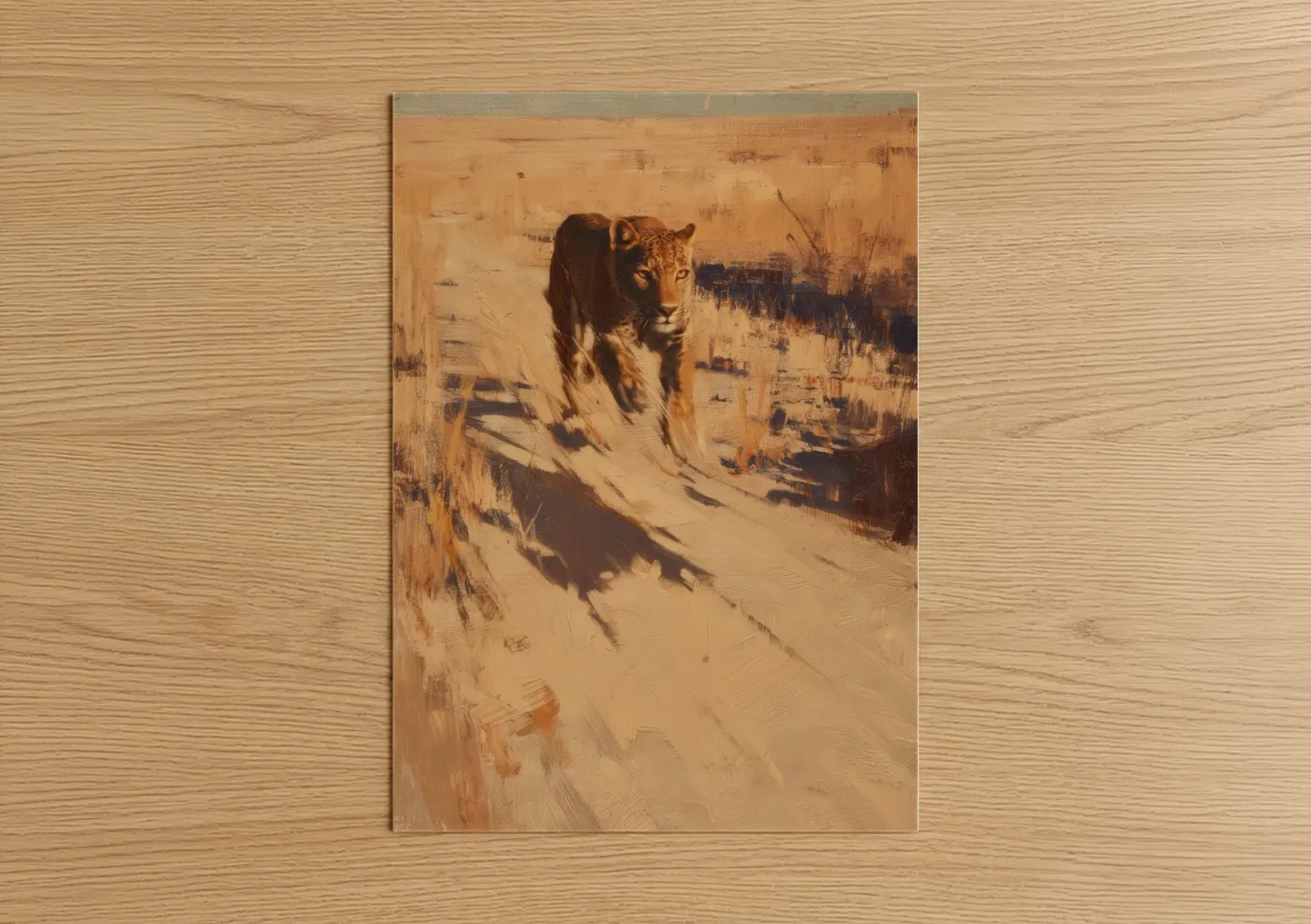 Art print on warm oak wood — gold and russet palette — Golden Leopard poster