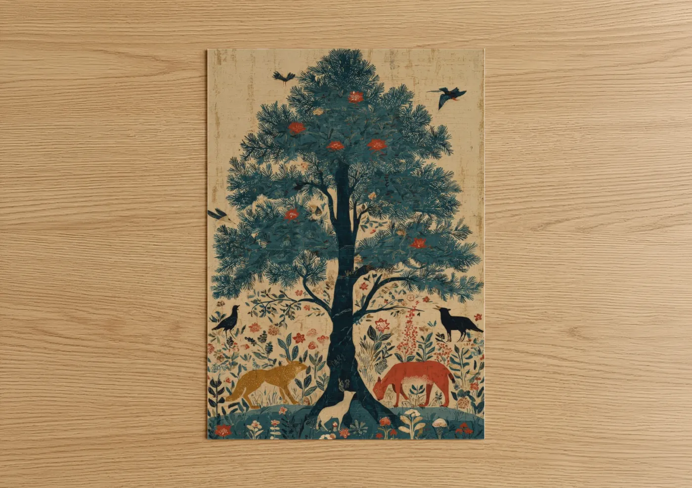 Cypress tree art print on warm oak wood — teal and gold palette — Wildlife Cypress poster