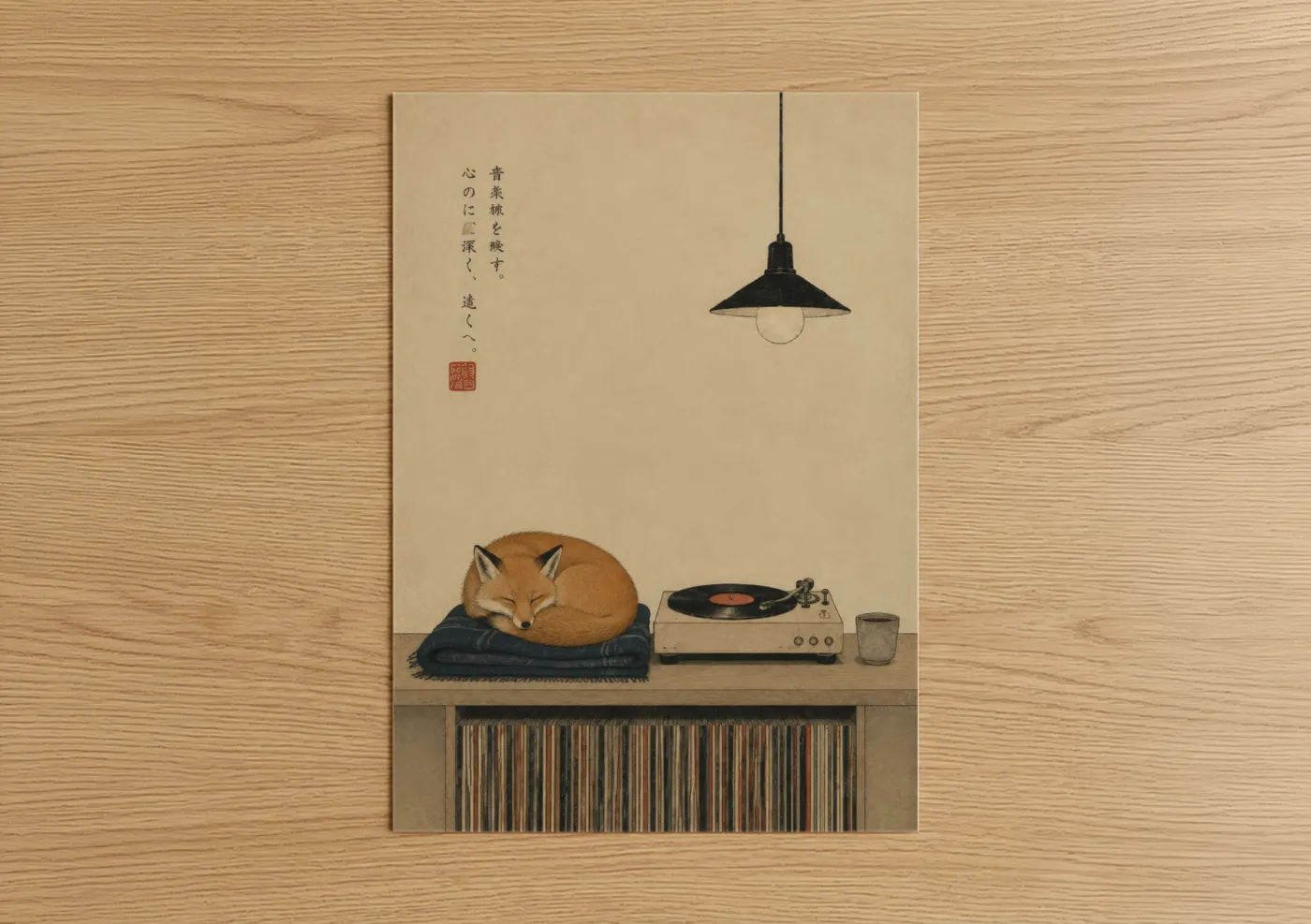 Art print on warm oak wood — beige and cream palette — Japanese Fox And Turntable Wall Art poster
