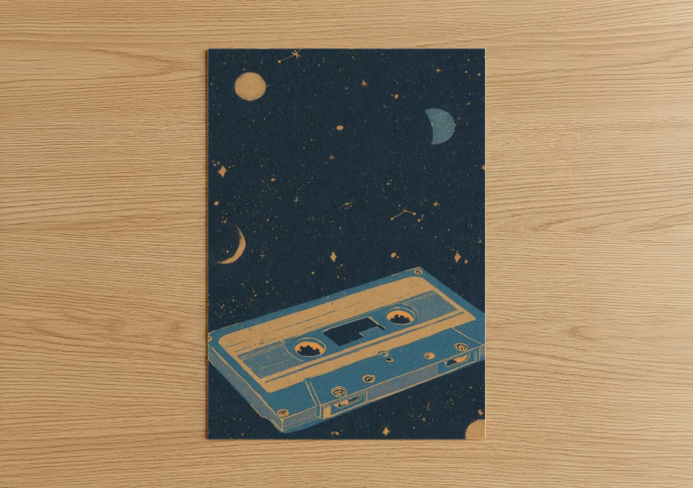 Casette art print on warm oak wood — dark blue and gold palette — Cosmic Cassette poster