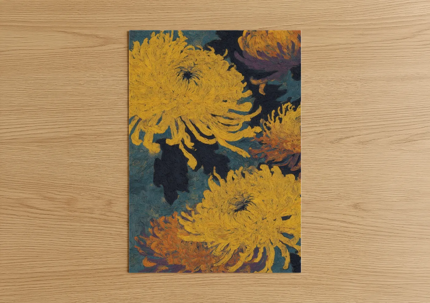 Art print on warm oak wood — gold and teal palette — Golden Chrysanthemum poster