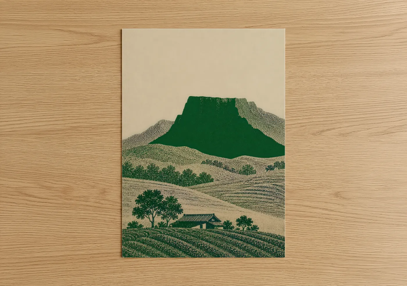Art print on warm oak wood — true green and beige palette — Mountain Farm Landscape Wall Art poster