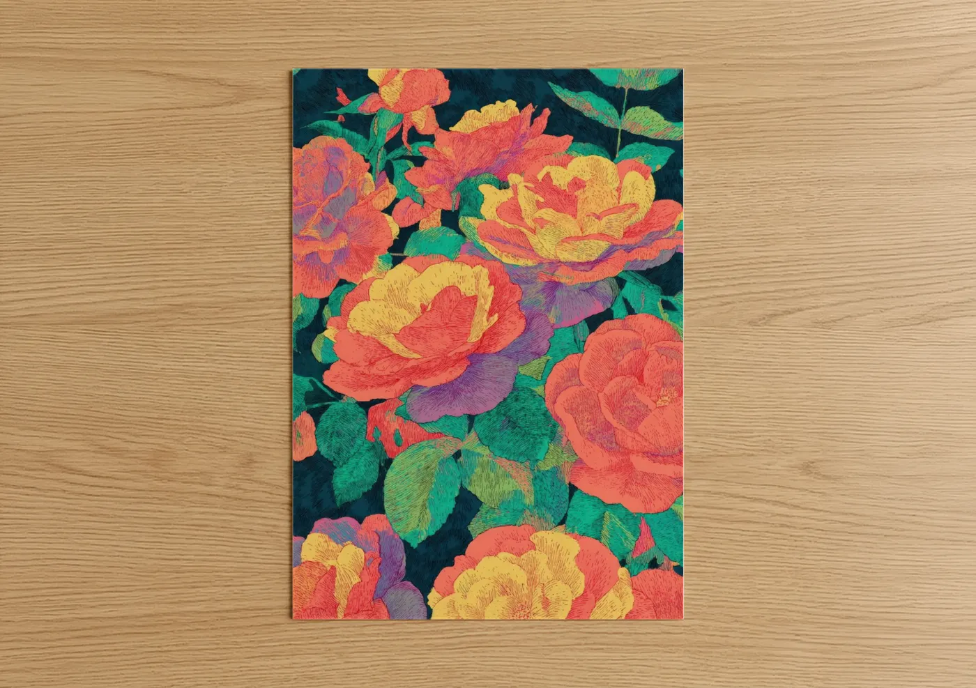 Art print on warm oak wood — red and yellow gold palette — Vibrant Garden Roses poster