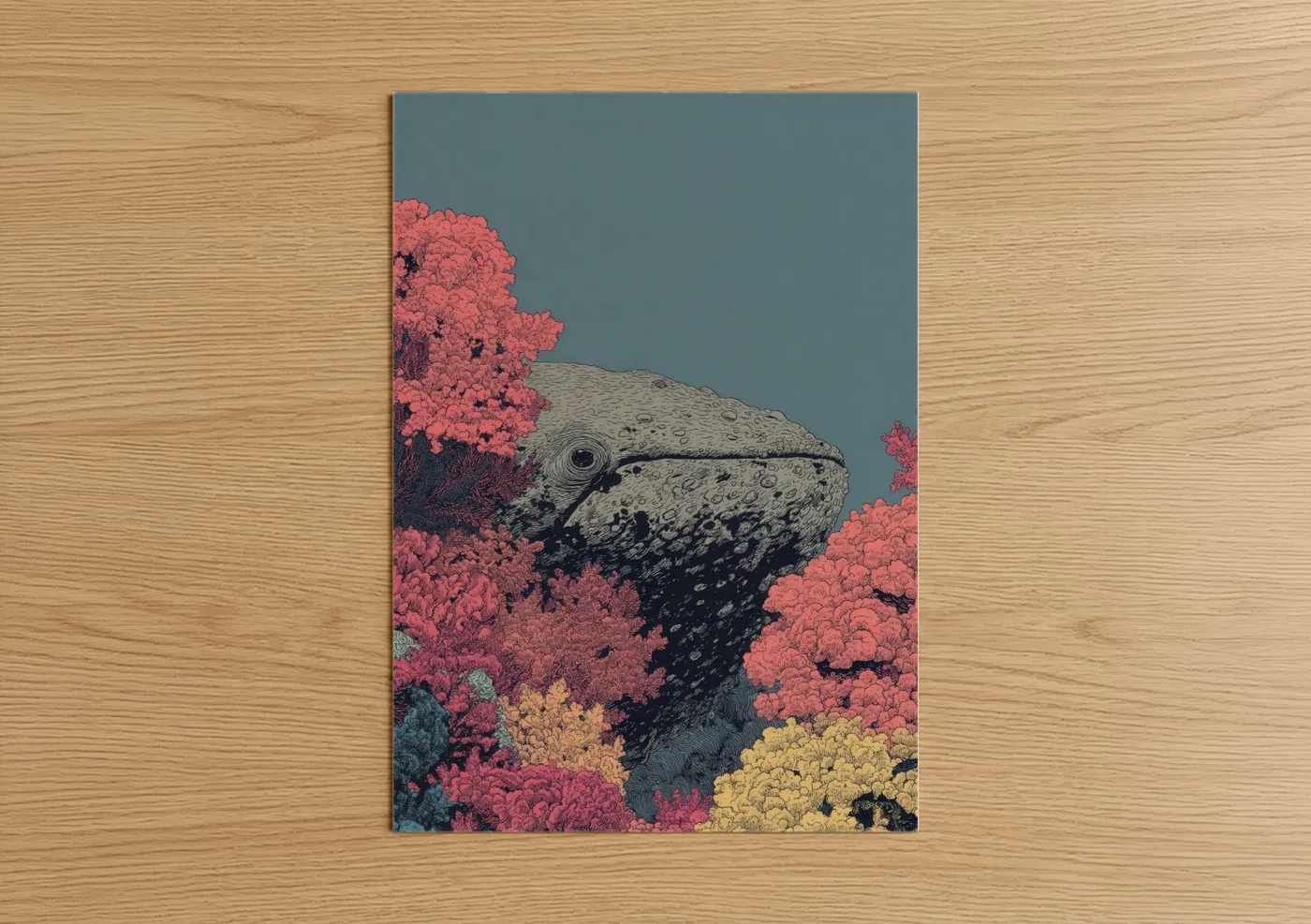 Gray whale art print on warm oak wood — salmon pink and teal palette — Coral Whale poster
