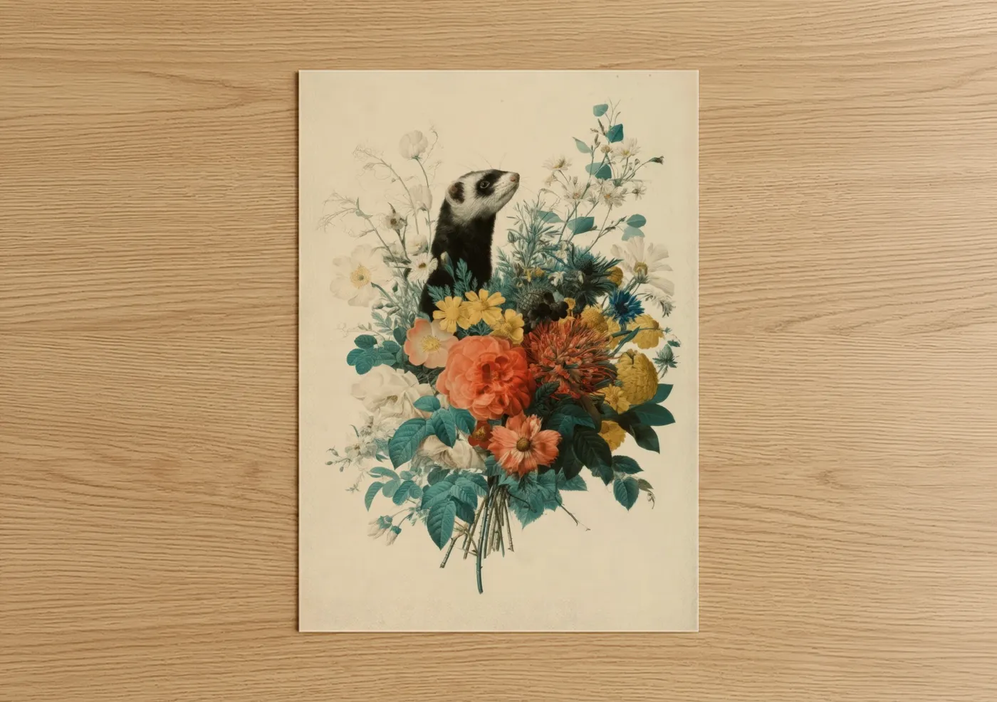 Curious Ferret With Colorful Flowers Wall Art