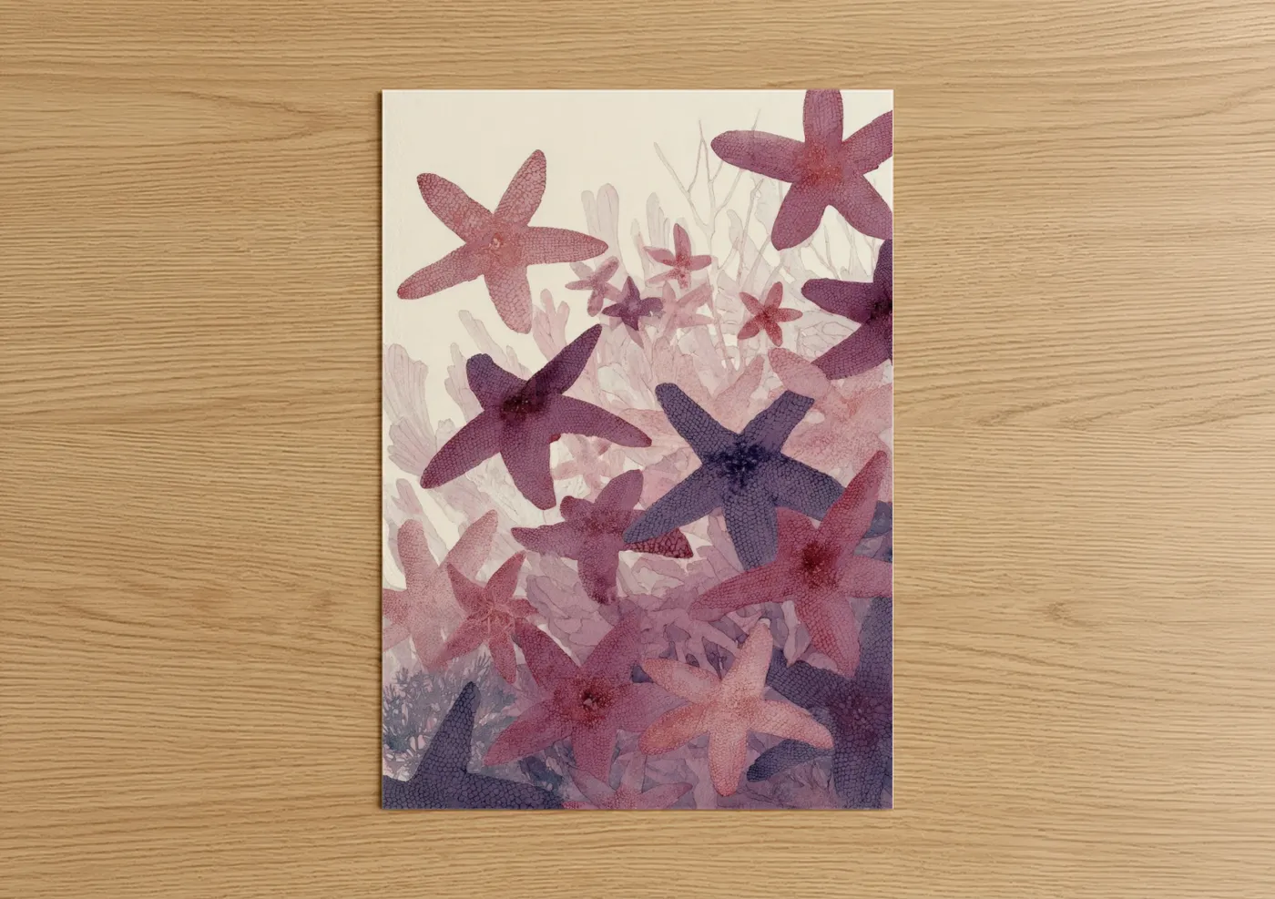 Art print on warm oak wood — rose gold and lavender palette — Ethereal Starfish poster