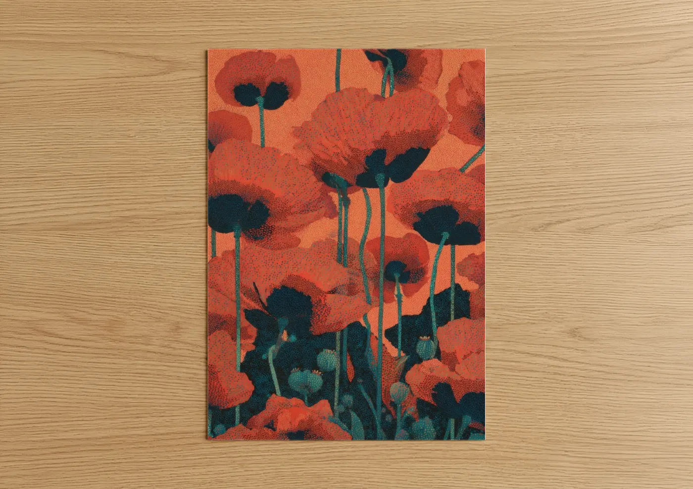 Poppies art print on warm oak wood — red and teal palette — Crimson Poppy Field poster