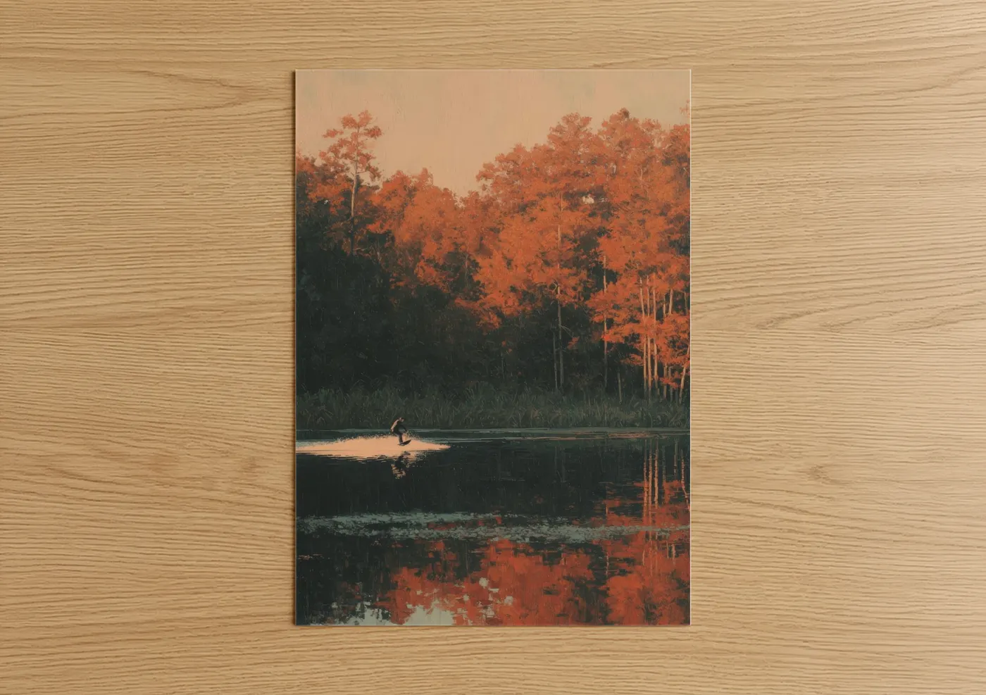Art print on warm oak wood — pumpkin and black palette — Wakeboarding at Sunset poster
