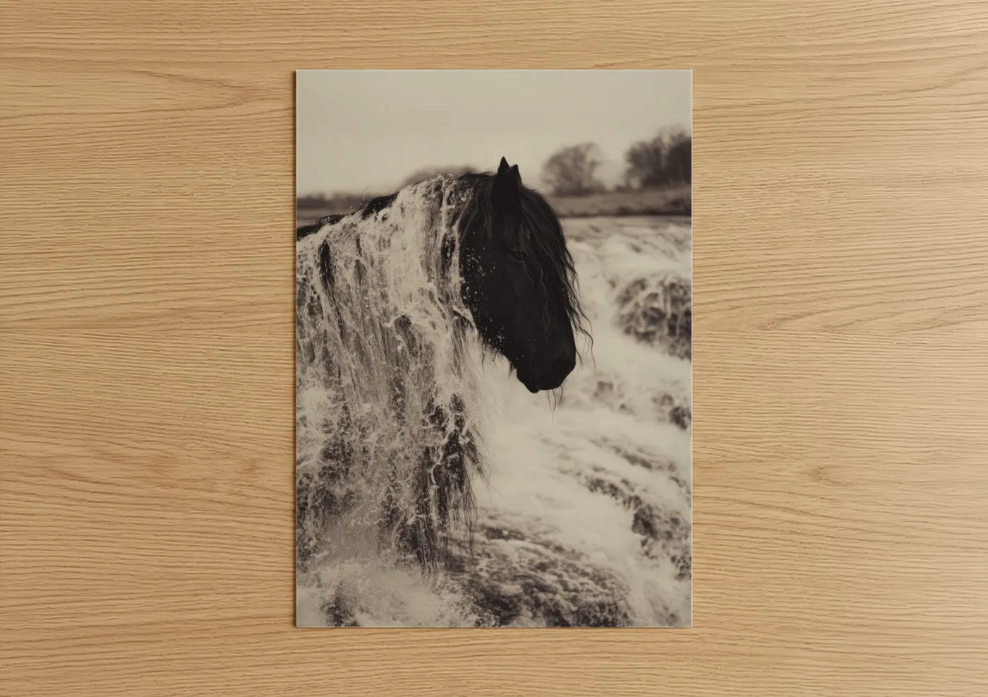 Friesian horse art print on warm oak wood — black and white and gray palette — Snowy Friesian poster