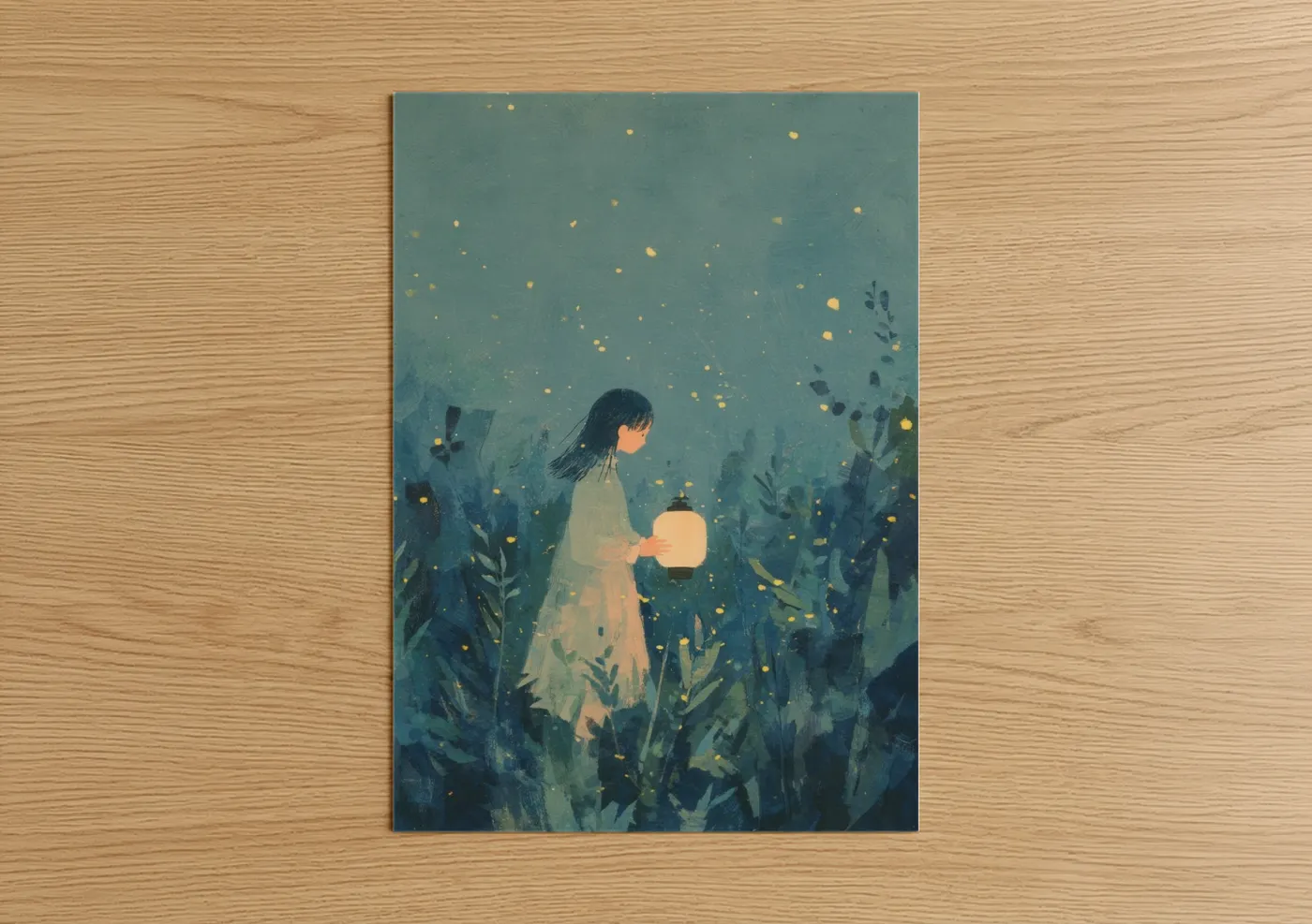 Art for girl art print on warm oak wood — teal and gold palette — Luminous Dreams poster