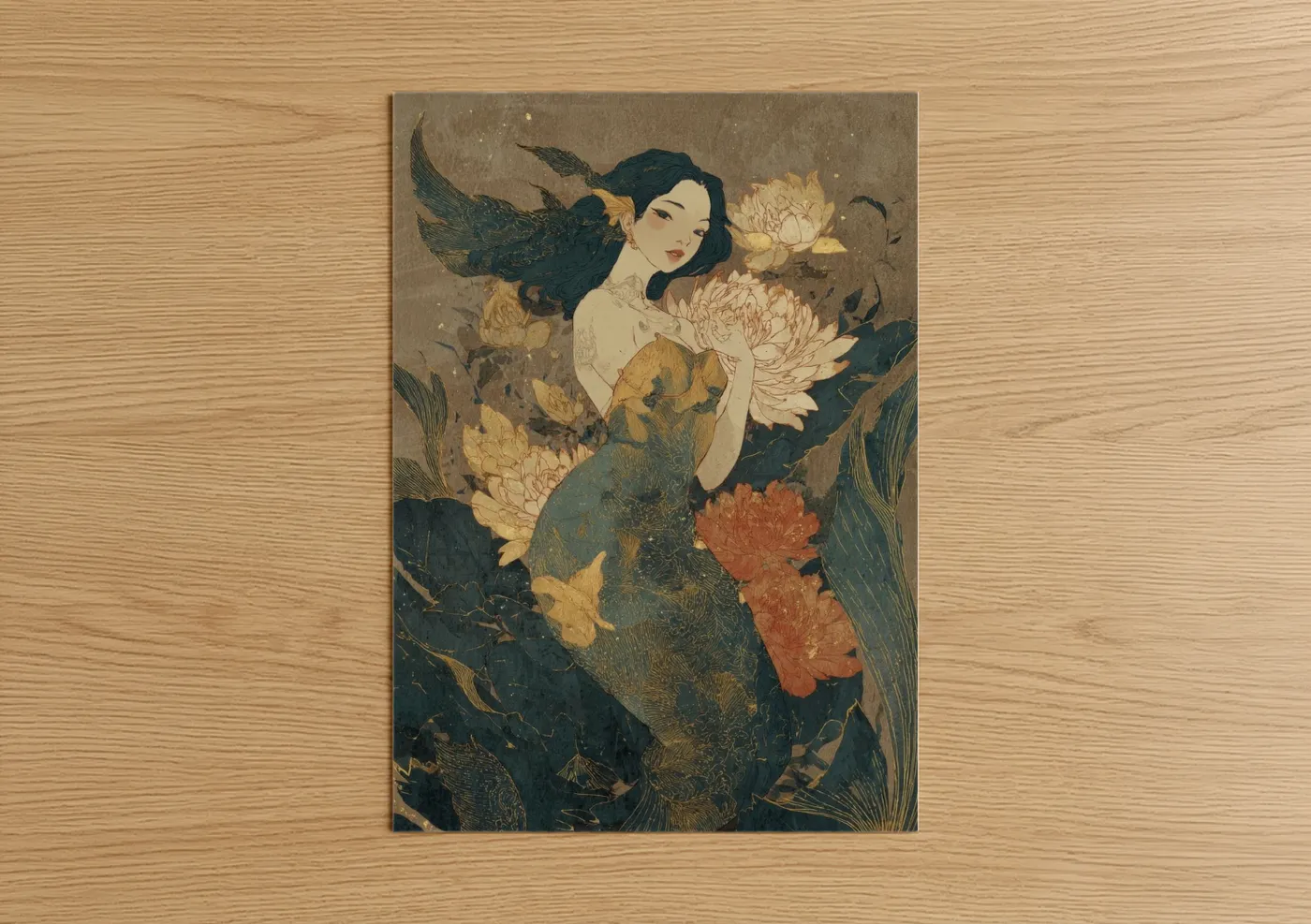 Golden Mermaid with Peonies Wall Art