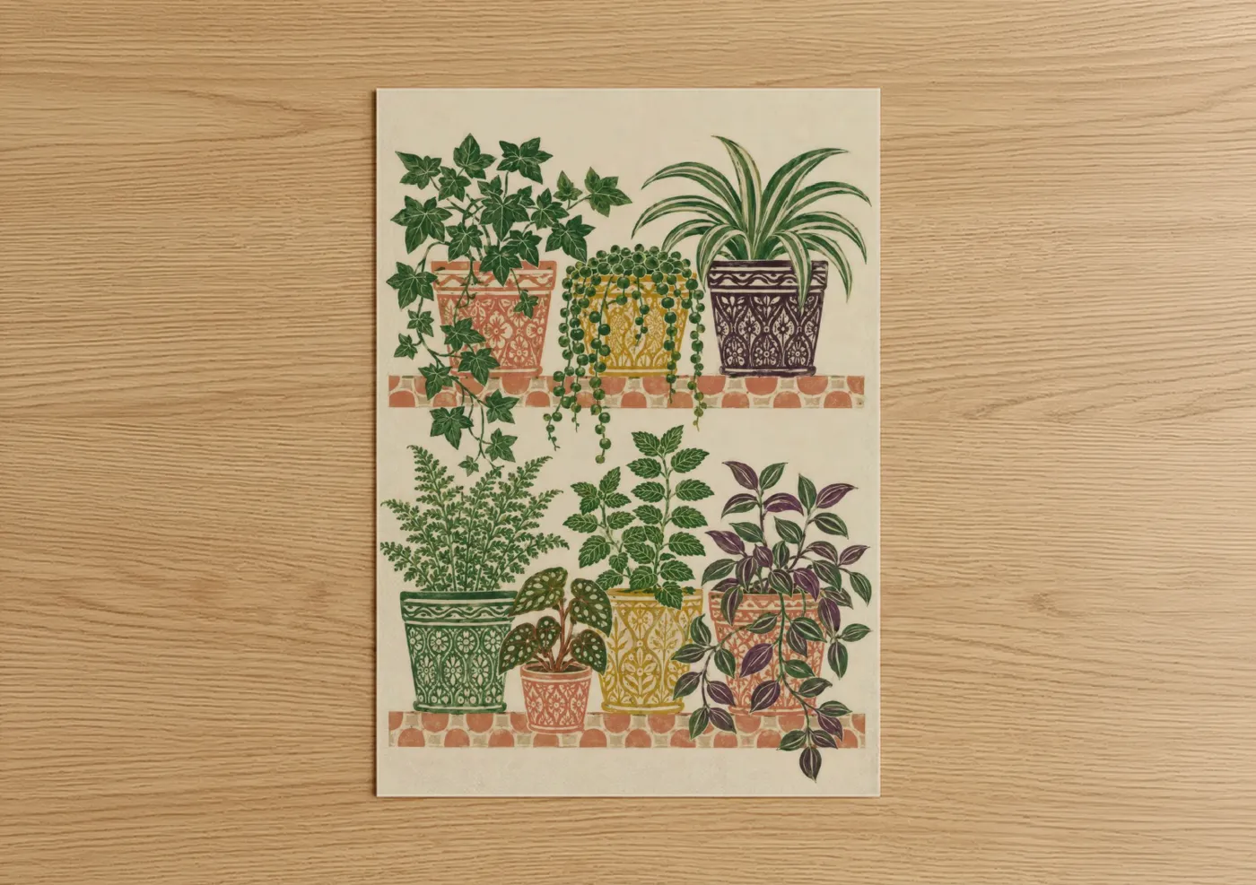 Art print on warm oak wood — green and beige palette — Decorative Potted Plants Wall Art poster