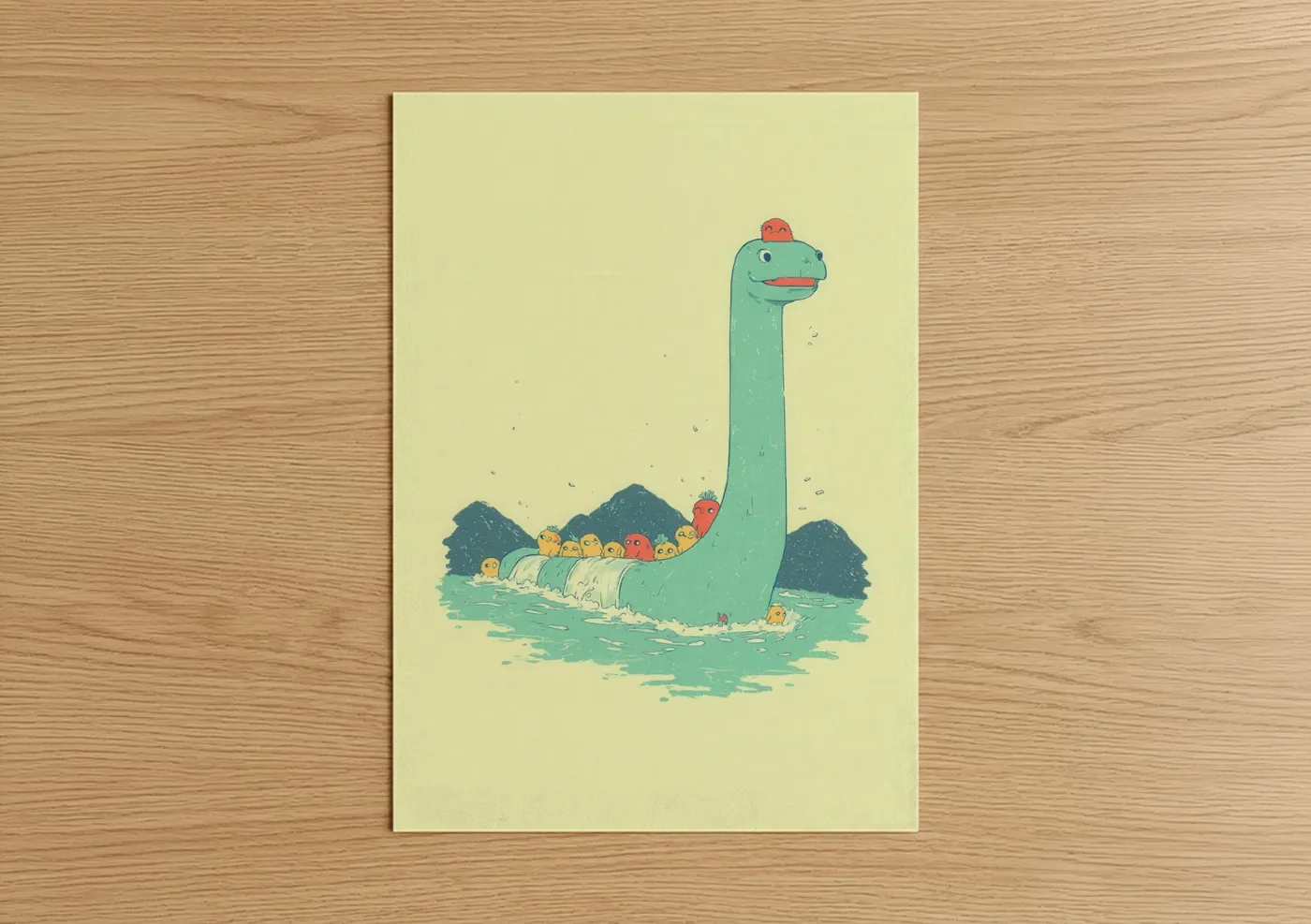 Loch ness monster art print on warm oak wood — light green and yellow palette — Friendly Nessie poster