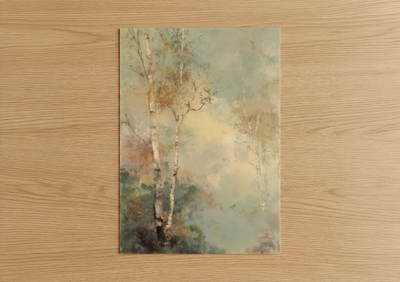 Art print on warm oak wood — cream and sage green palette — Misty Birch Forest poster