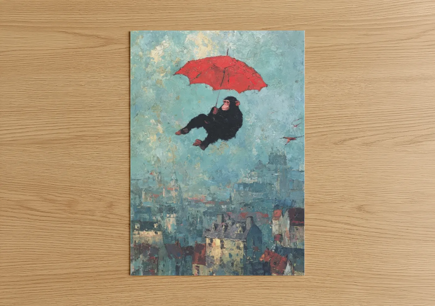 Chimpanzee art print on warm oak wood — blue and white and red palette — Red Umbrella Chimp poster