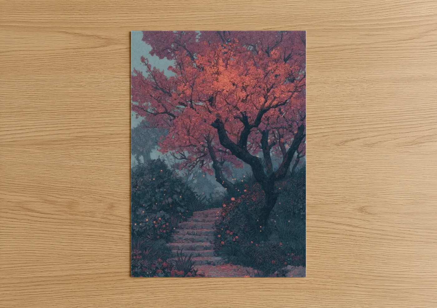 Crimson Blossom Tree Magical Garden Path Wall Art