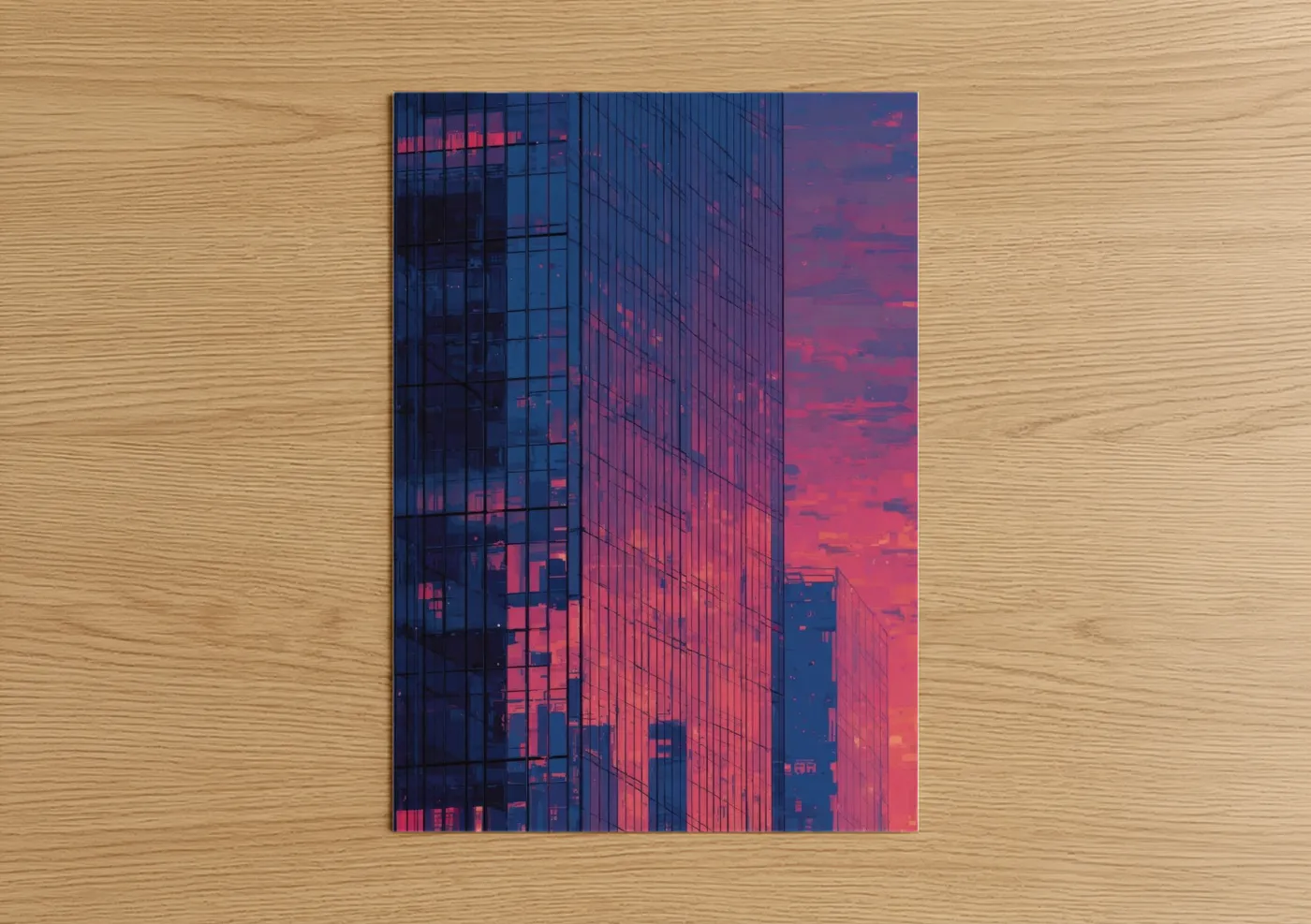 Art print on warm oak wood — magenta and blue palette — Sunset Reflection Window poster