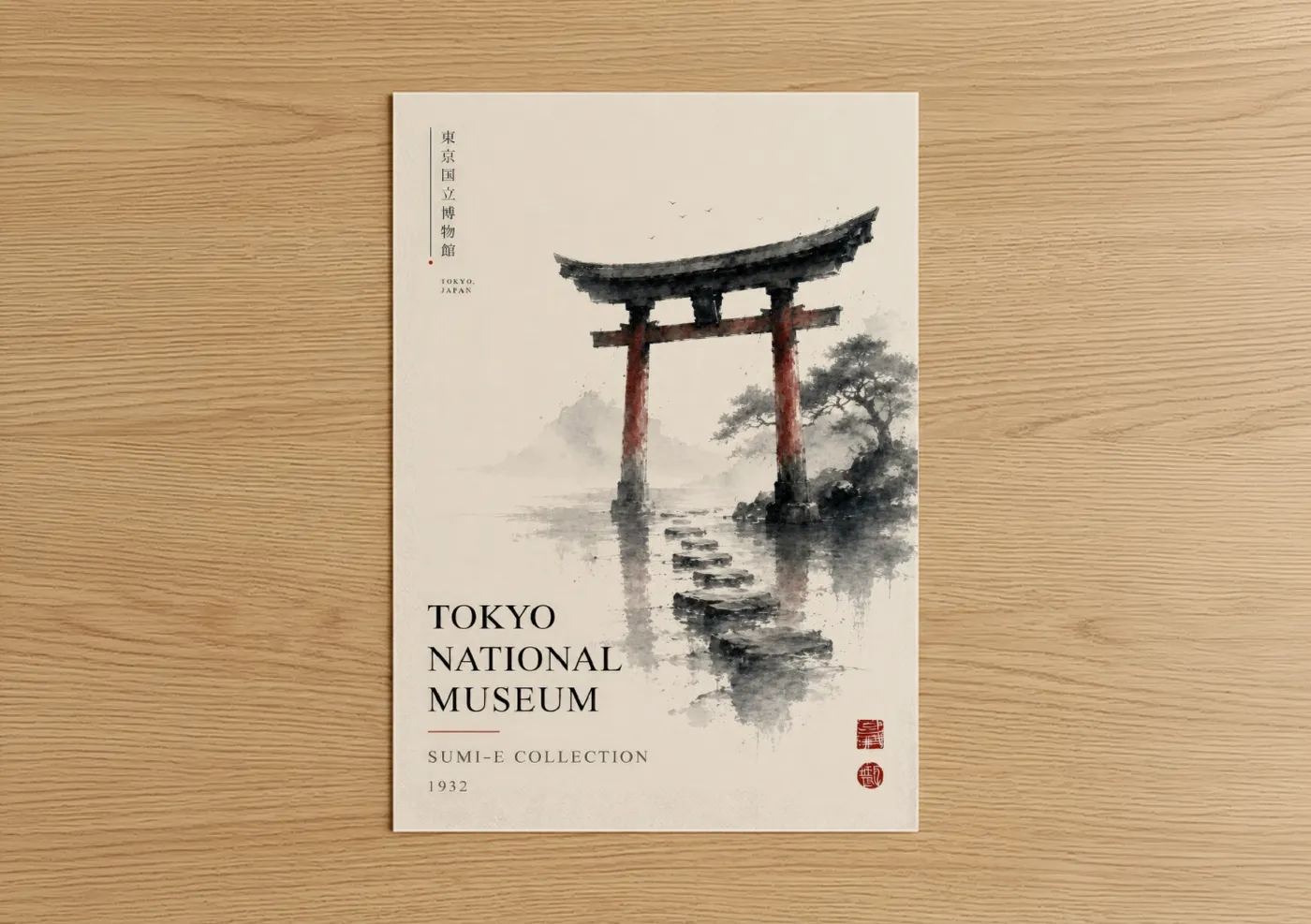 Art print on warm oak wood — beige and black and white palette — Japanese Torii Gate Museum Wall Art poster