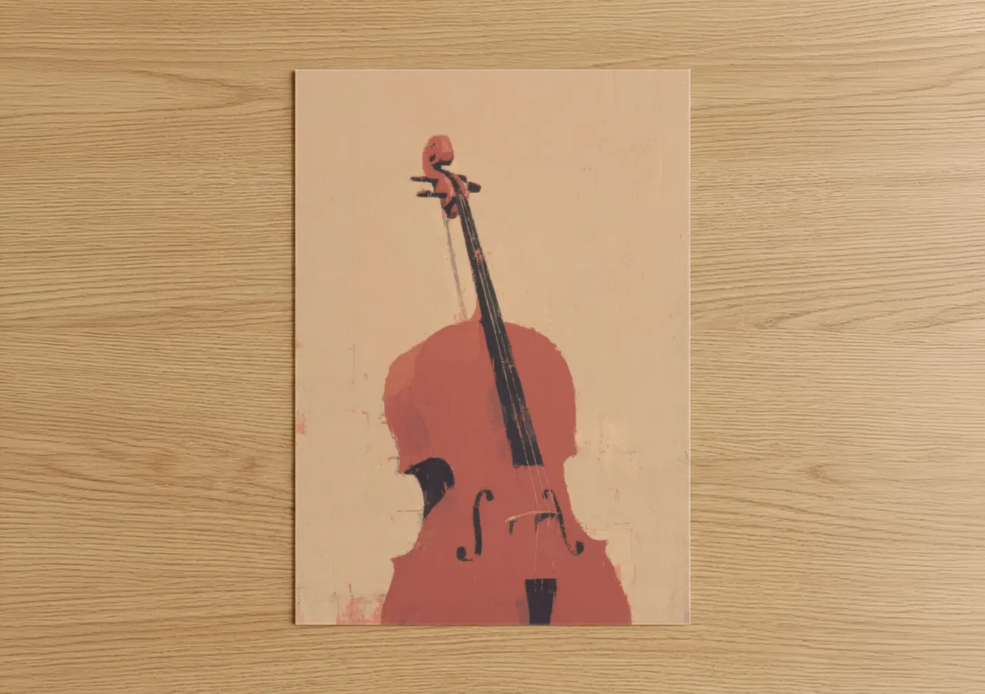 Art print on warm oak wood — peach and black palette — Crimson Cello poster