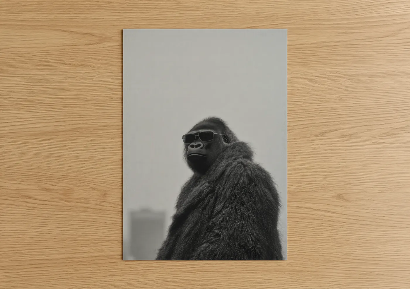 Art print on warm oak wood — black and white and gray palette — Cool Gorilla poster