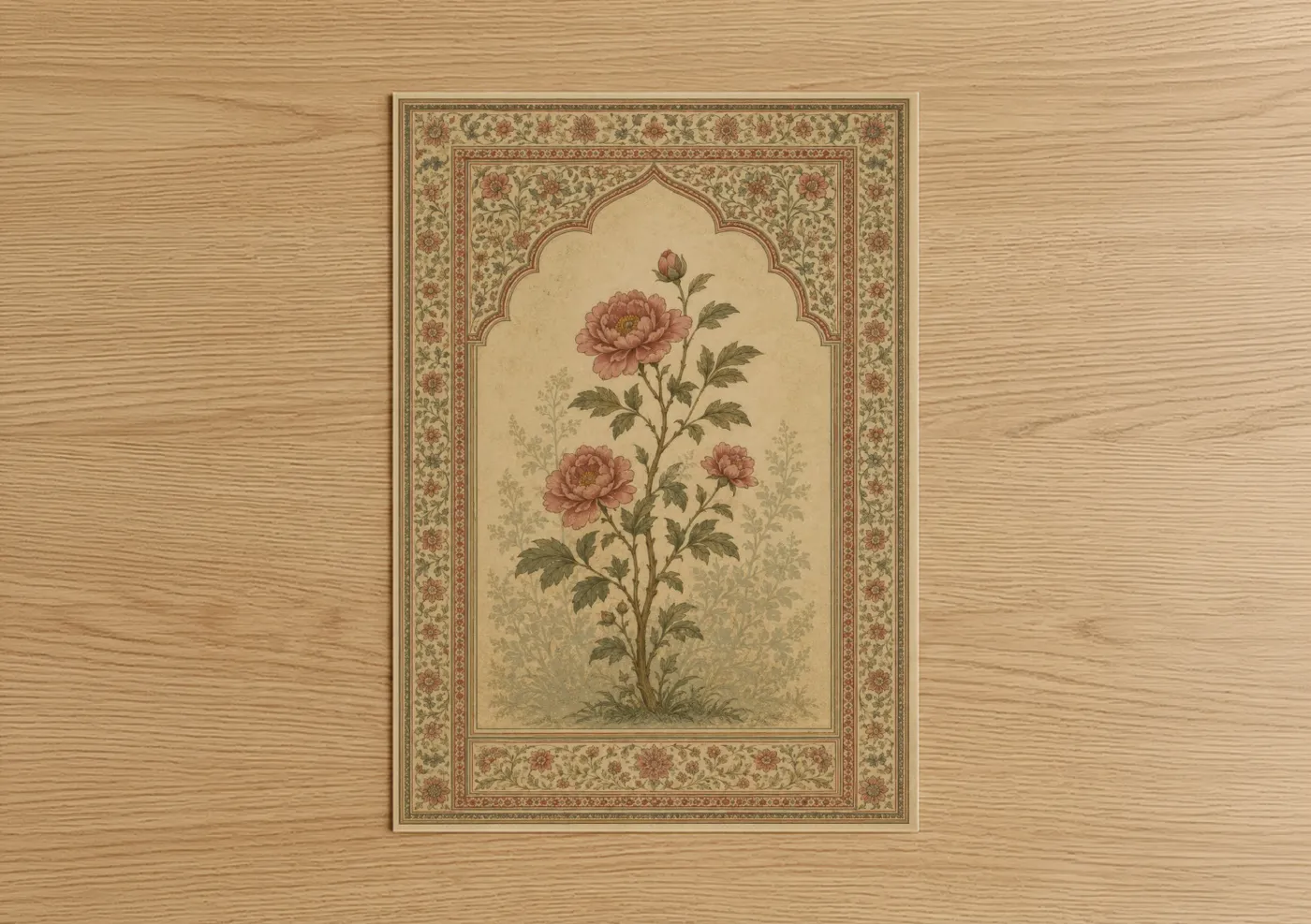 Art print on warm oak wood — beige and salmon pink palette — Persian Peony Garden Wall Art poster