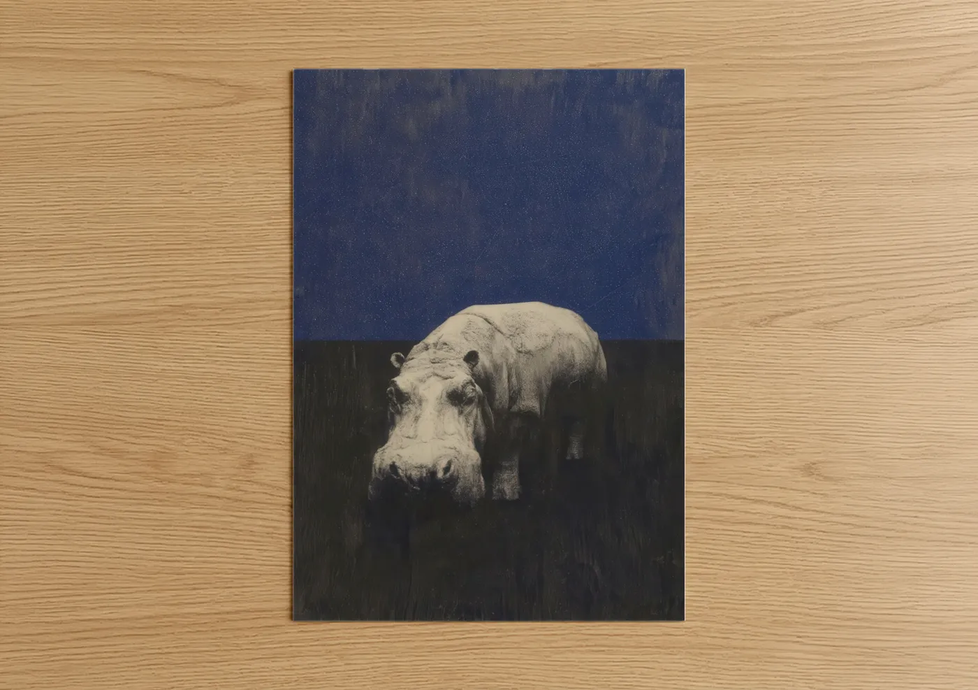 Art print on warm oak wood — dark blue and black and white palette — Midnight Hippo poster