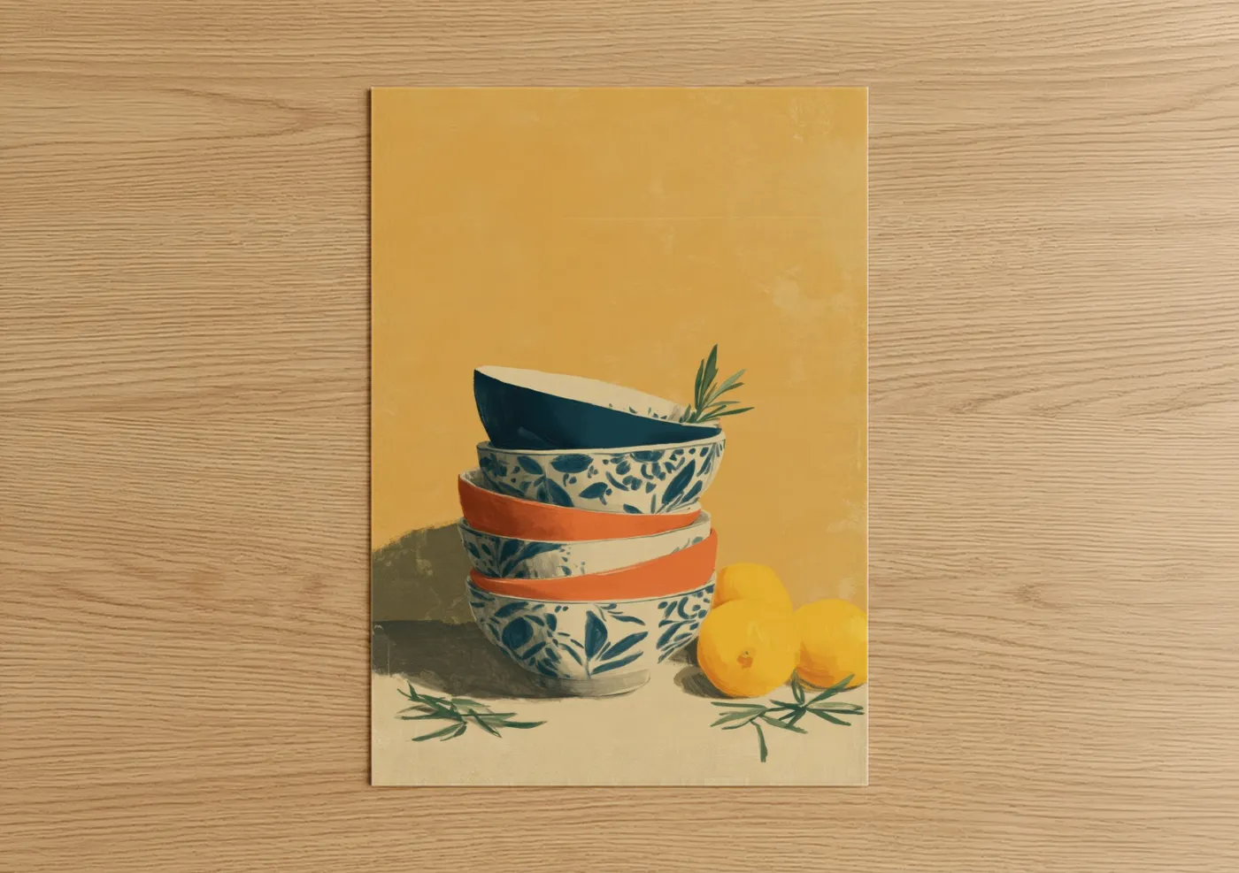 Kitchen utensils art print on warm oak wood — yellow gold and dark blue palette — Golden Kitchen Bowls poster